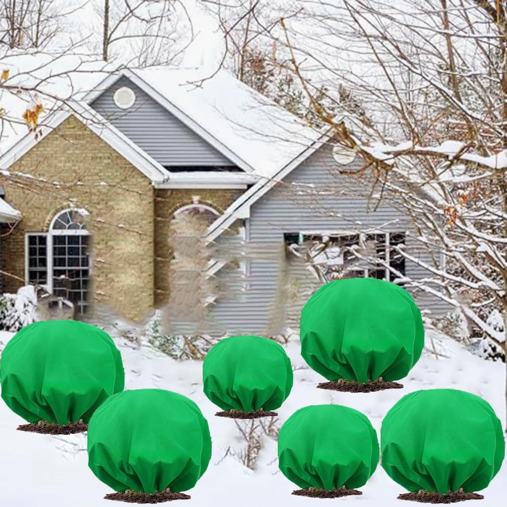 Coperte protettive invernali per piante, isolate dal gelo, con coulisse, per piante da giardino nella stagione fredda, confezione da 6 pezzi, in tessuto non tessuto verde