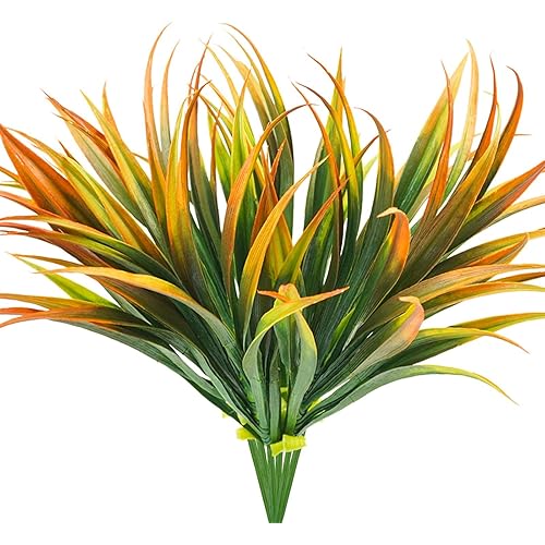 Phliofd 6Pcs Artificial Grass Fake Plants 17.3in Outdoor Plastic Plants UV Resistant Greenery Fake Grass for Home Window Garden Office Patio Hanging Planter Pathway Front Porch Décor Orange Yellow