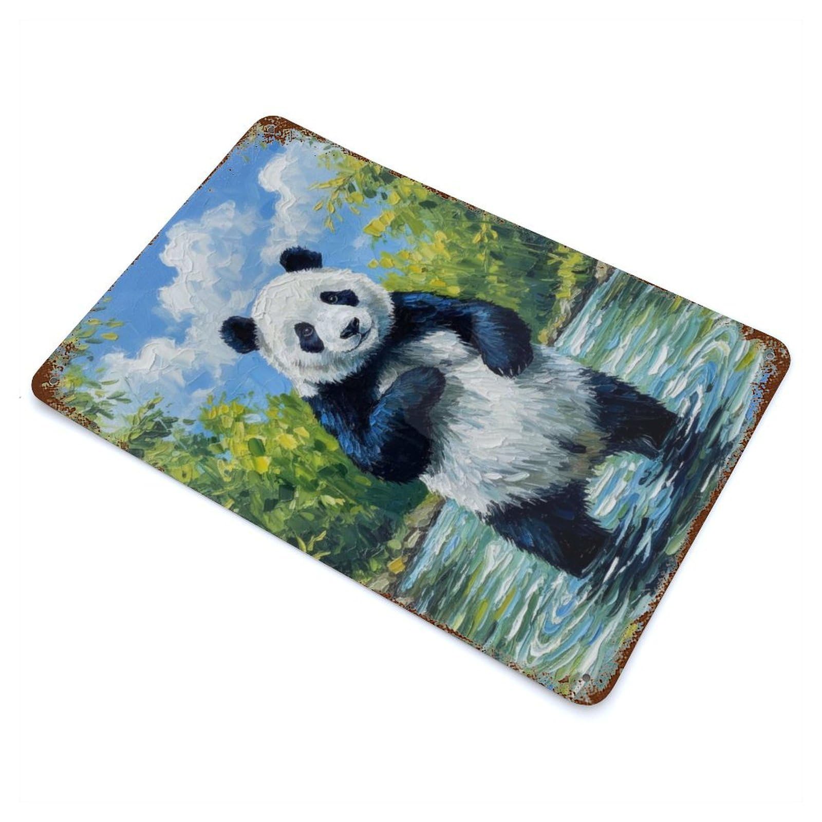Rust Effect Tin Sign with Panda in River Painting Design 11.8"x7.9", for Pub, Kitchen And Man Cave Decor, Industrial Home Decor