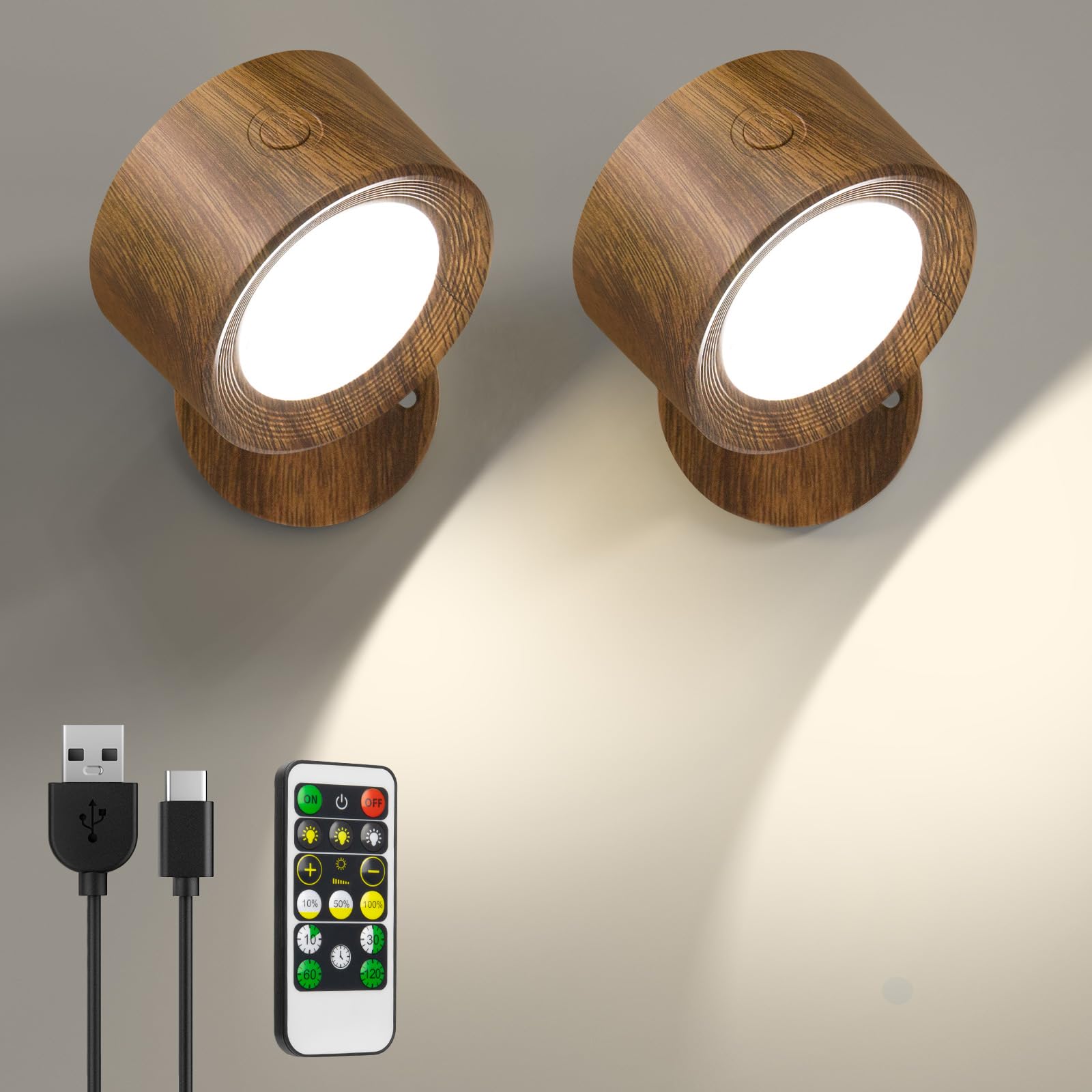 LED Wandleuchte Kabellos, 2 Stück Akku Wandlampe ohne Bohren Aufladbare Lampen, 3 Farbmodi Dimmbar Wandlicht Nachttischlampe mit Fernbedienung, 360° Indirekte Strahler für Kinderzimmer Schlafzimmer