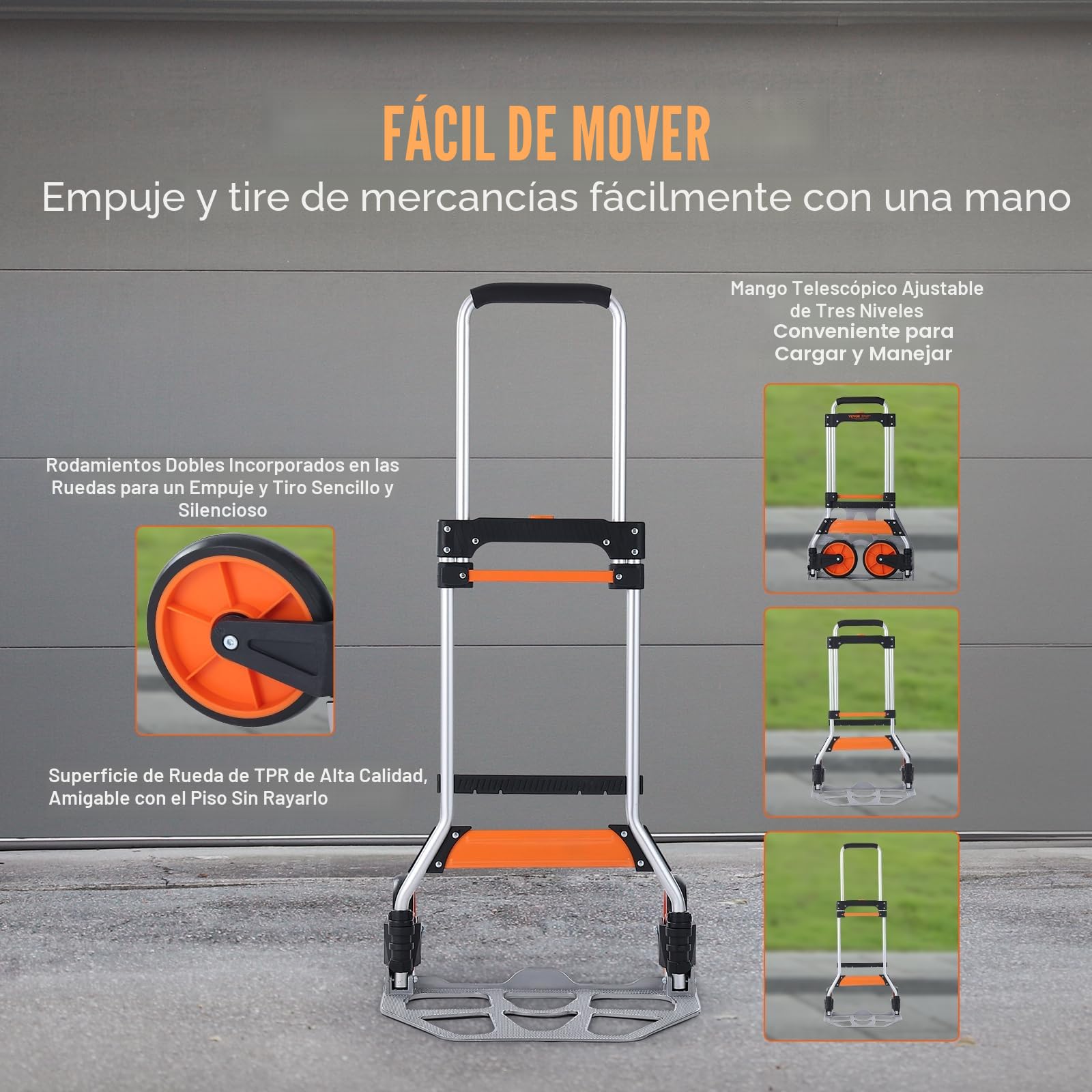 VEVOR Carretilla de Mano Plegable de Aluminio Carga 125 kg Carro de Mano con Ruedas de Goma Mango Telescópico