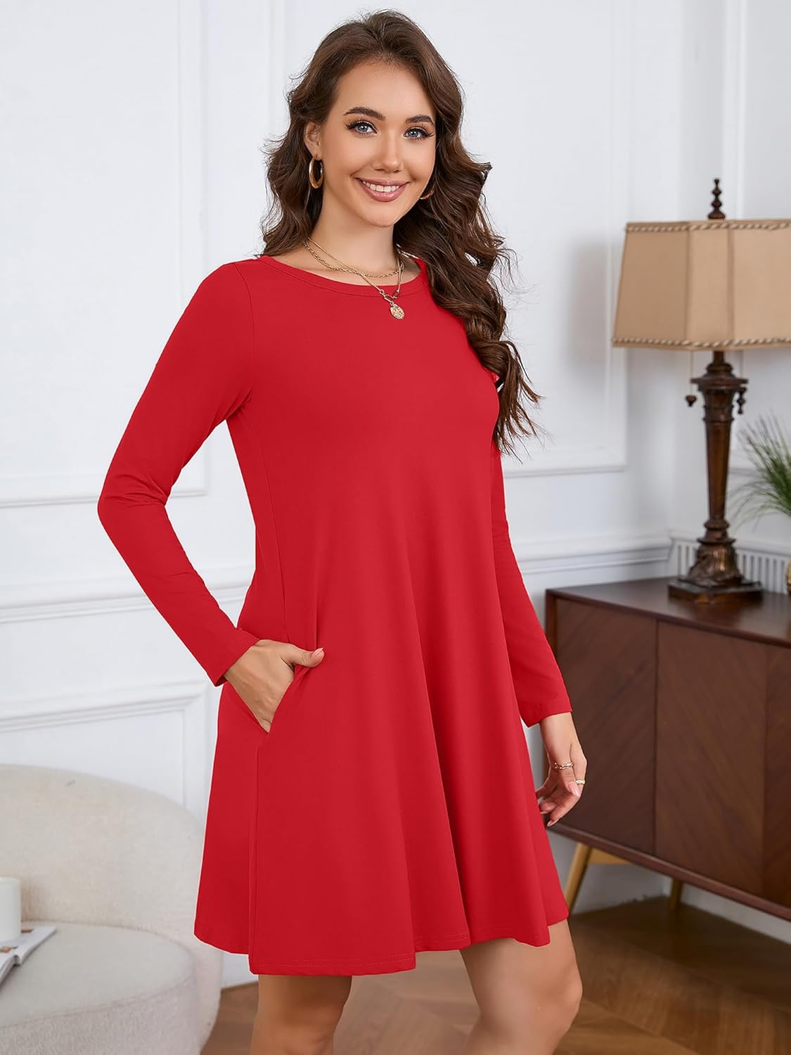 KORSIS Women Long Sleeve Tops T-Shirt Dresses Round Neck Casual A-Line Loose Swing Vocation Fall Winter Dress with Pockets - Image 6