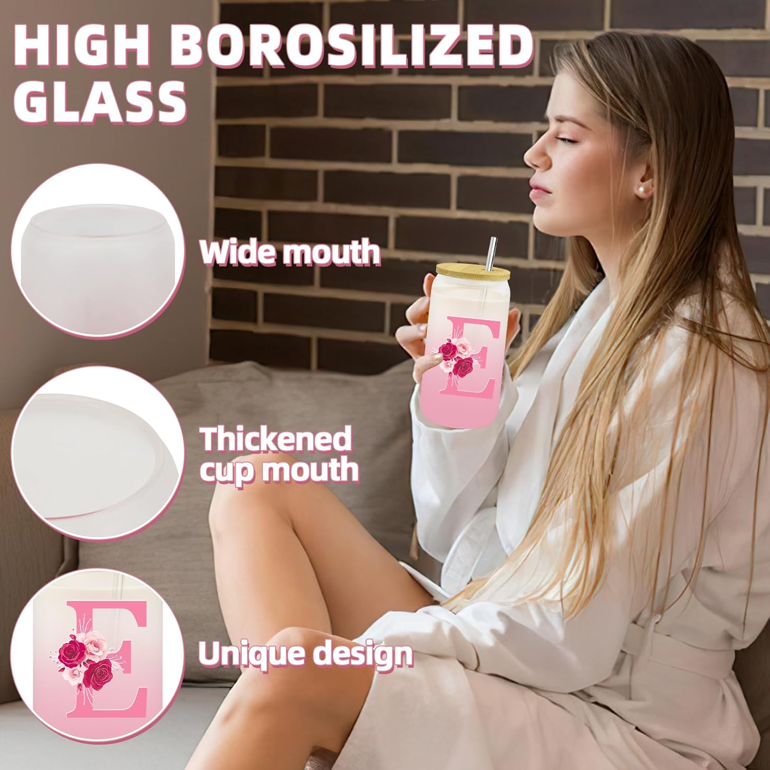 Personalized Gifts for Women,Initial Glass Cup with Lid and Straw,Ice Coffee Mug,Smoothie Beer Tumbler,16oz Glass Cup with Lid and Straw,Birthday Gifts for Mom Colleague-E - Image 4