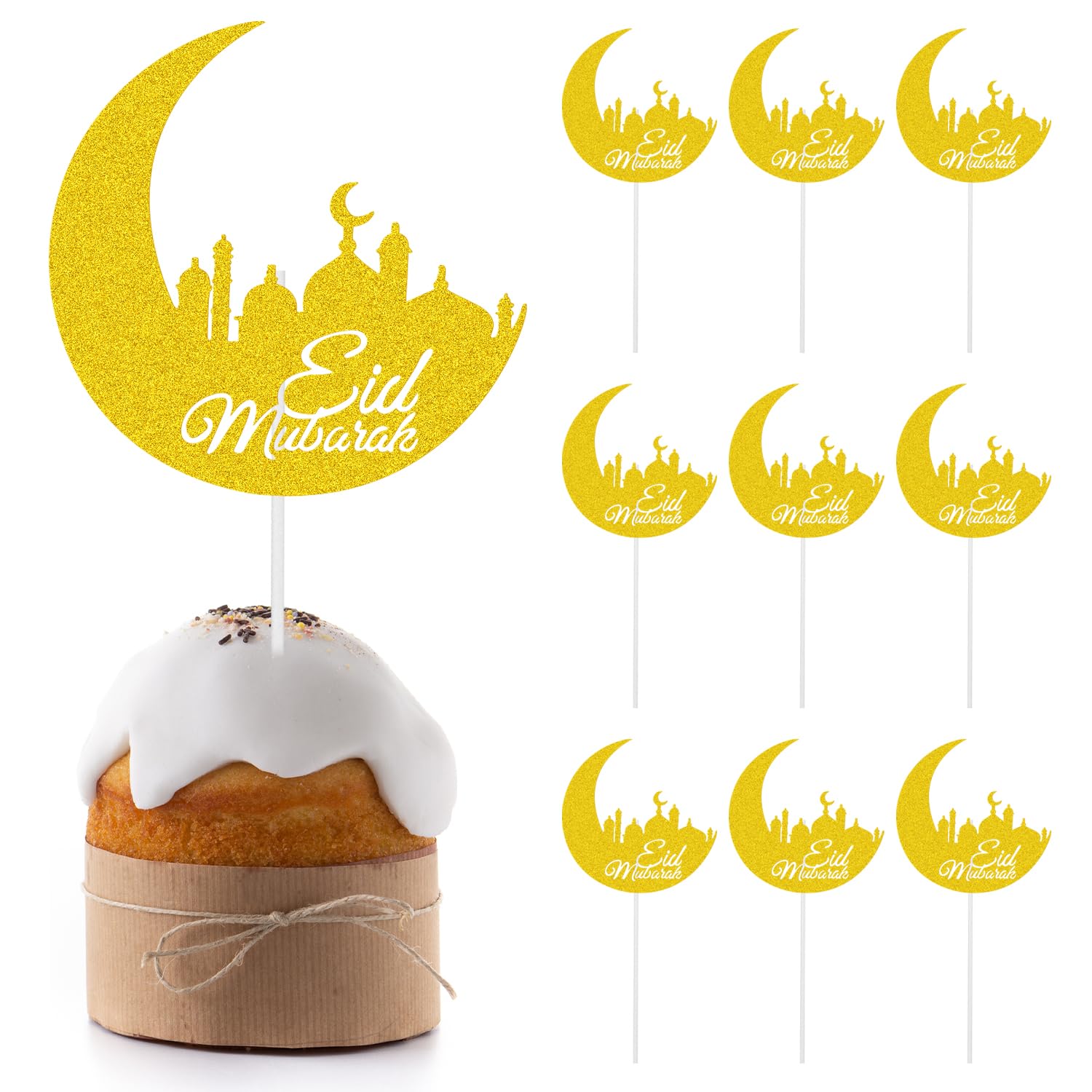 CHEERYMAGIC Eid Mubarak Cupcake Toppers, 10PCS Gold Glitter Eid Cake Toppers, Moon Castle Muslim Ramadan Cupcake Topper Eid Baking Decorations for Eid Party Islam Cake Decorations A9YLGBCP
