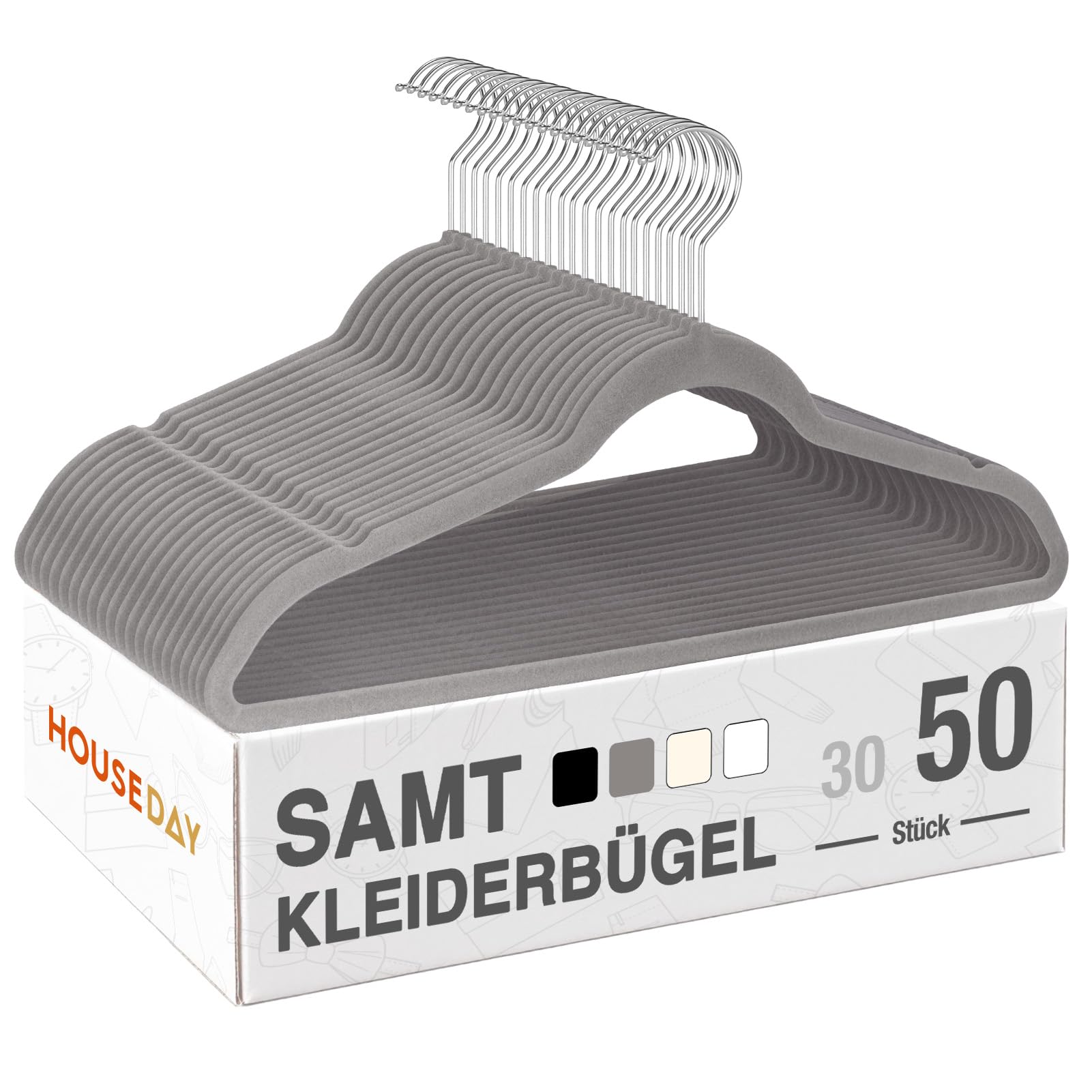 HOUSE DAY Kleiderbügel Samt 50er Set, Kleiderbügel Platzsparend, Bügel rutschfest und Samtbügel Schmal mit 360° Drehbarer Haken, für Hemden, Anzüge, Mäntel, Pullover, Hosen, Dunkles Grau