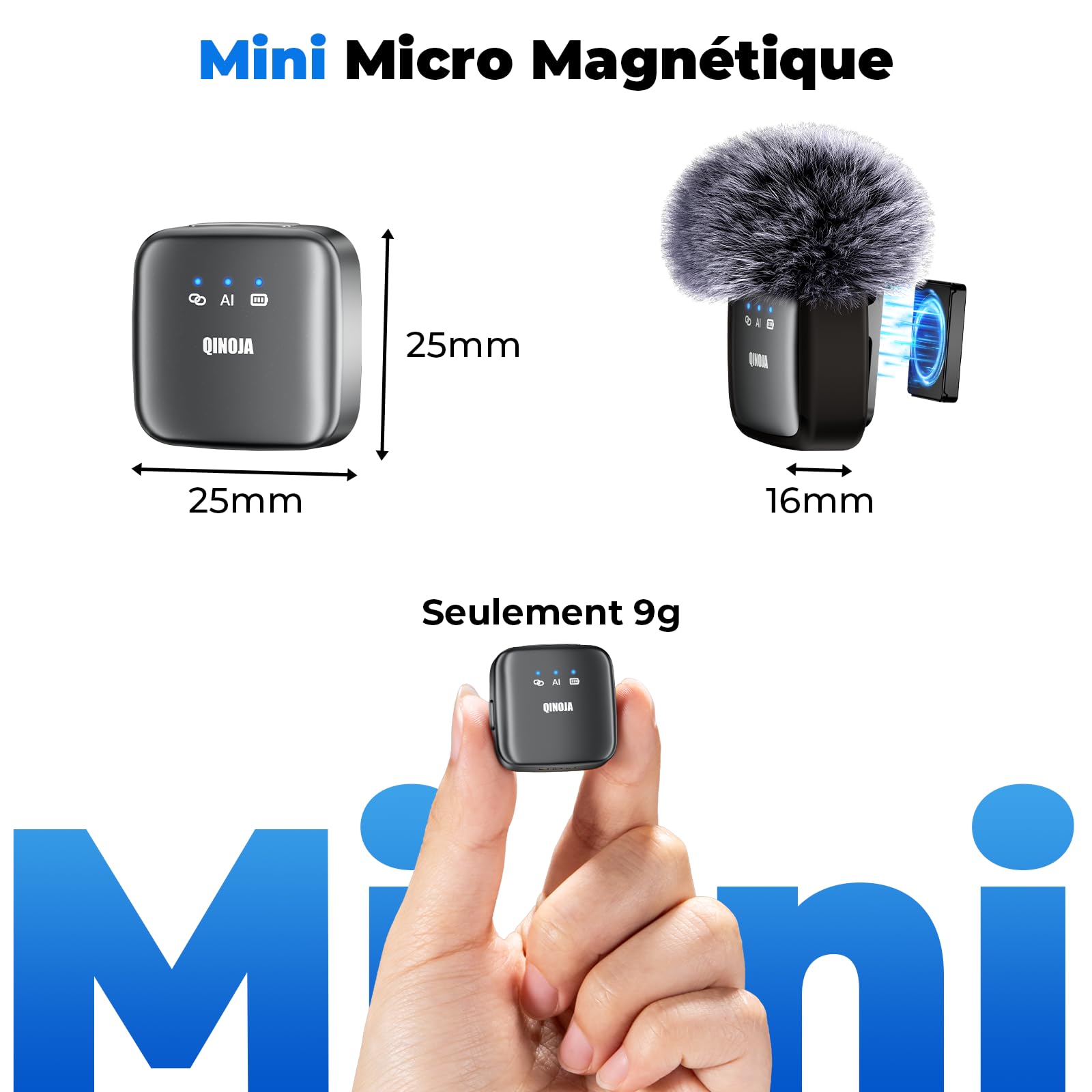 Micro Cravate sans Fil pour iPhone/Android/Caméra/Ordinateur - Réglage du Gain, Réduction du Bruit par IA, Boîtier de Recharge, Mini Microphone Magnétique pour Vlog, Streaming