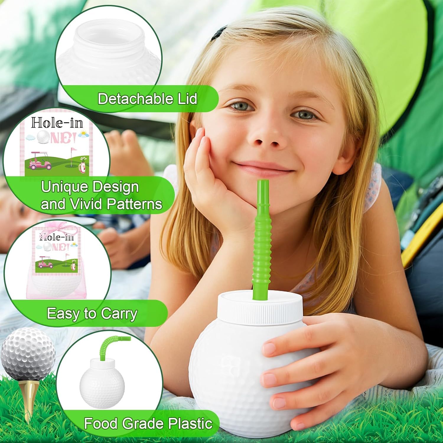 Sumind 12 Golf Ball Cups Gift Set with Straws and Lid Pink Golf Party Favors for Kids Hole in One Birthday Decoration Girl Bulk 10 oz Plastic Ball Cups Baby Shower for Guests Card Organza Bag Gifts - Image 4