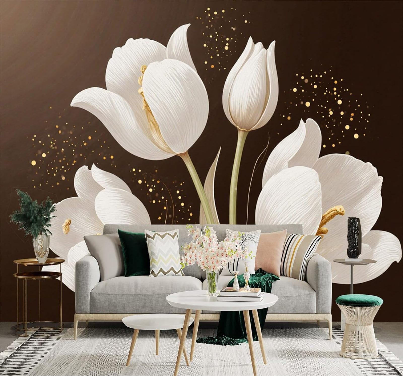 3D Papel Pintado Belleza Tulipanes Blancos Flores Detalles Dorados Fondo