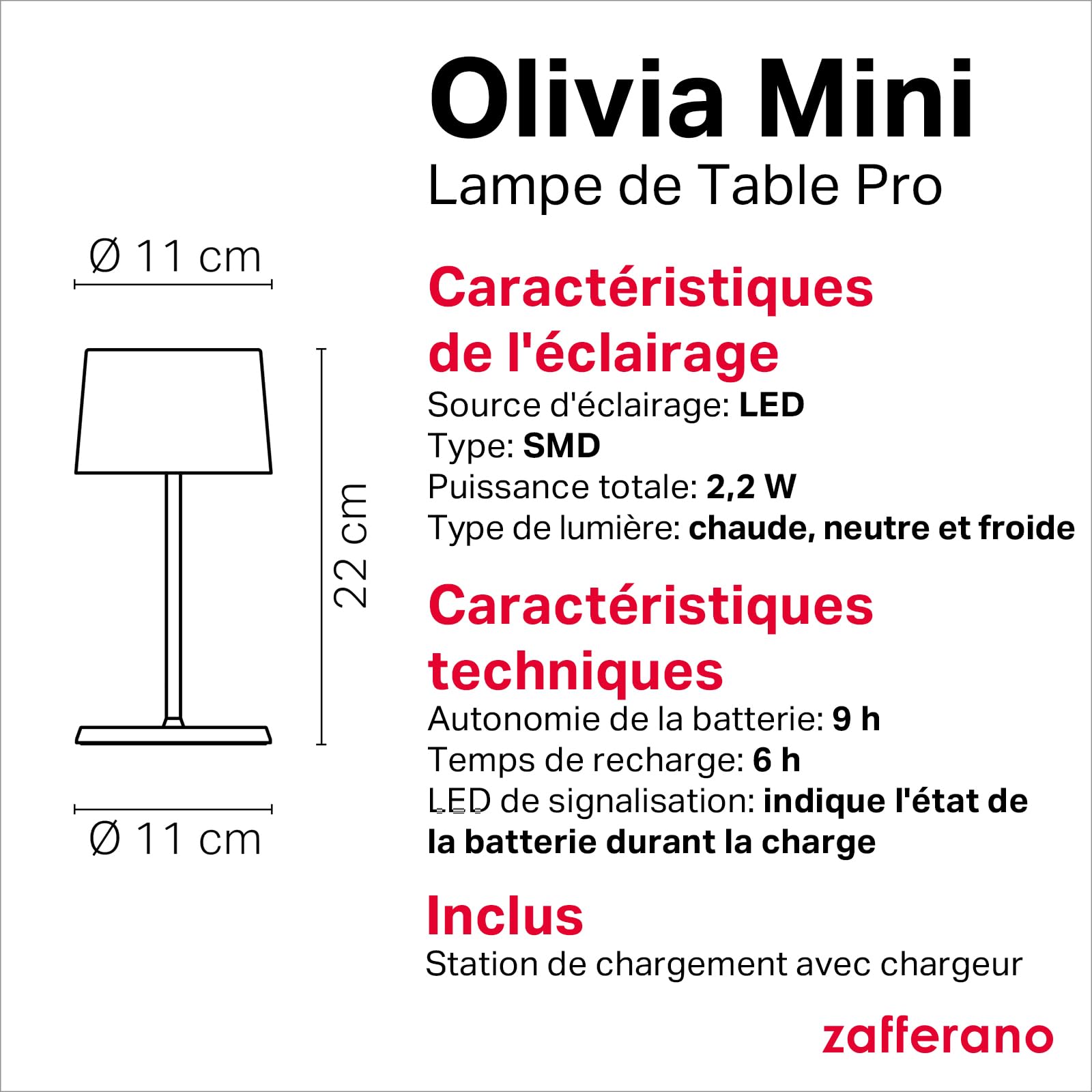 Zafferano, Lampe Olivia Mini, Lampe de Table Portable et Rechargeable avec Contrôle Tactile, Convient pour le Salon et l'Extérieur, Dimmer 2200-3000 K, Hauteur 22 cm, Couleur Gris Foncé