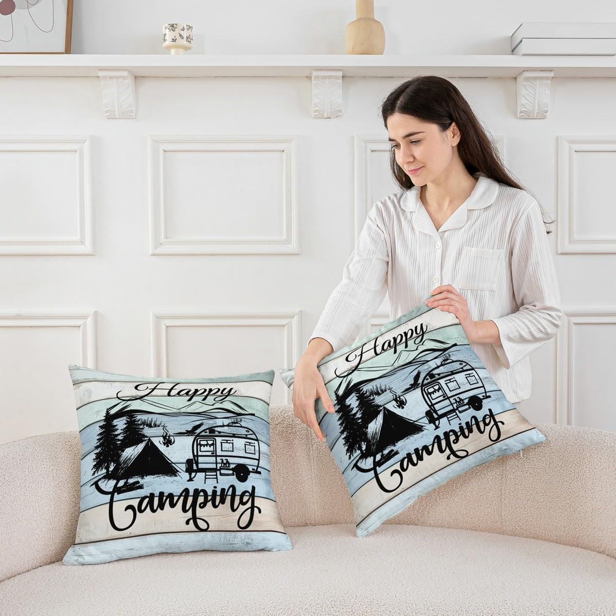 Happy Camping Throw Pillow Covers 18x18 Pack of 4, Camper Cushion Covers For Sofa, Rustic Farmhouse Pillow Covers Camping Decorative Pillow Covers, Rv Car Theme Colorful Vintage Wooden Cushion Cases
