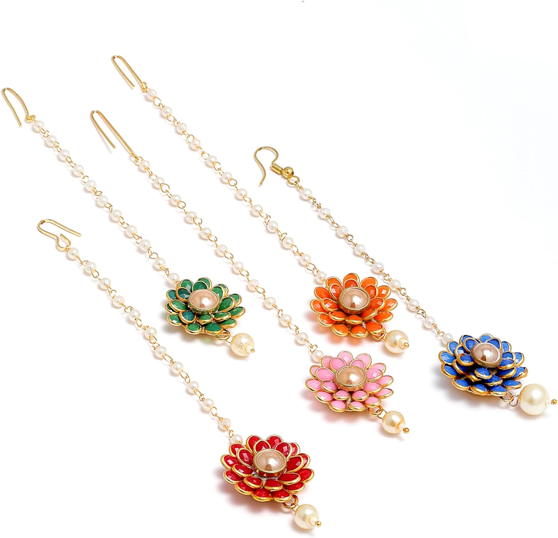 Gold-Plated Pink-Green-Orange-Red-Blue AD with Pearls studded Flower Shaped MaangTikka (Combo Of 5)