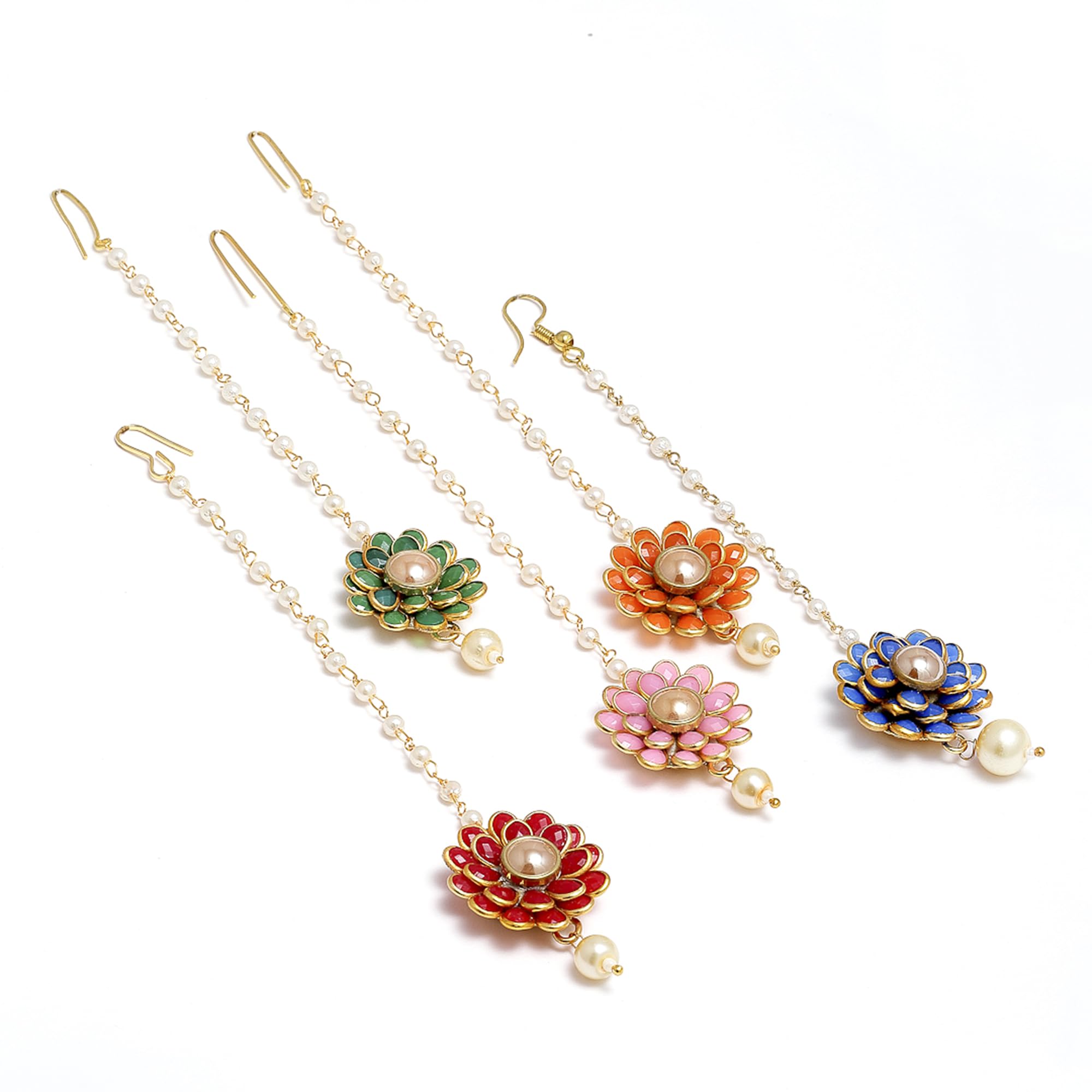 ZENEMEGold-Plated Pink-Green-Orange-Red-Blue AD with Pearls studded Flower Shaped MaangTikka (Combo Of 5) (Style_01)