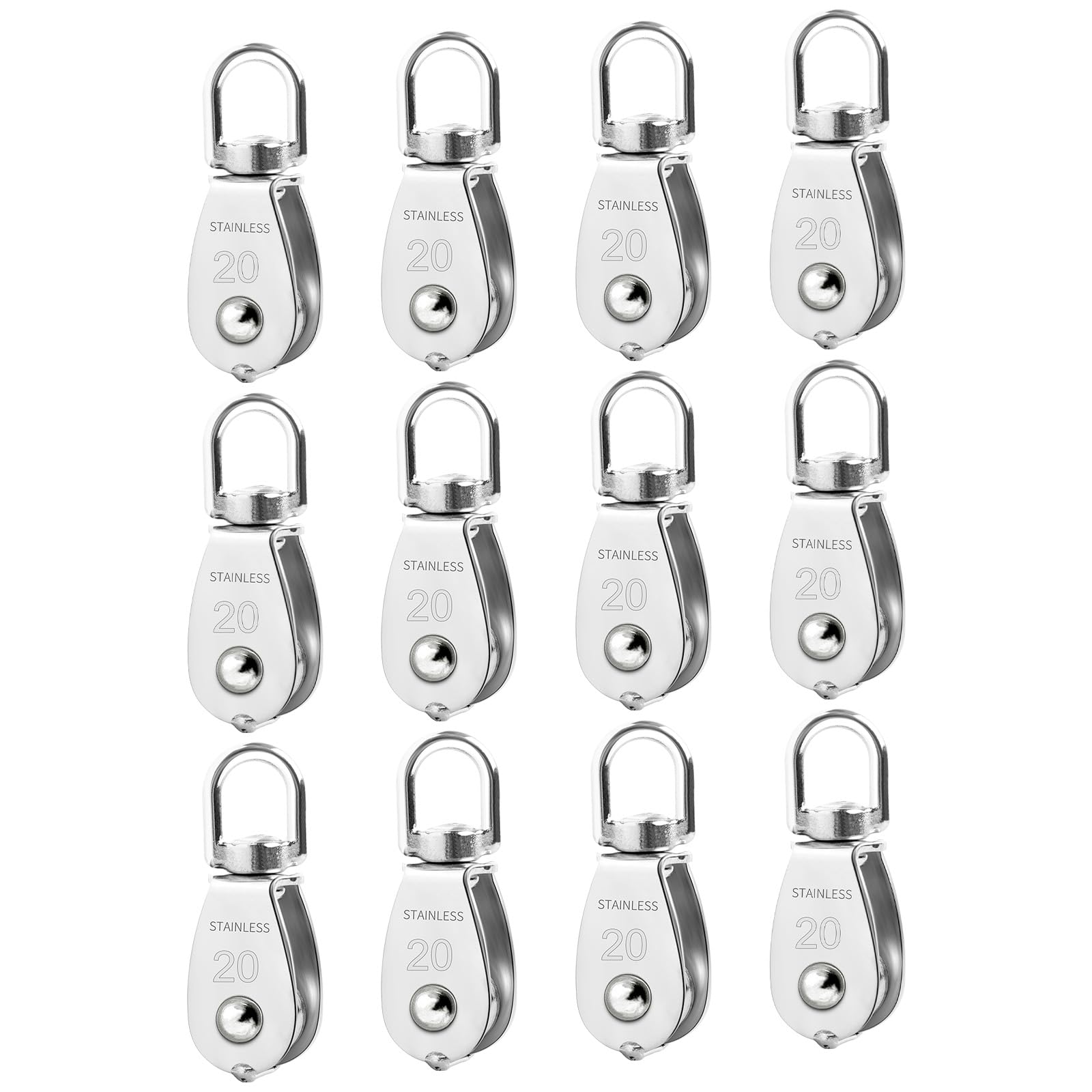 Mixiflor 12 Pack M20 Single Pulley Block, 304 Stainless Steel Wire Rope Cable Pulley, Heavy Duty Swivel Pulley Wheel Hanging Wire Towing Wheel for