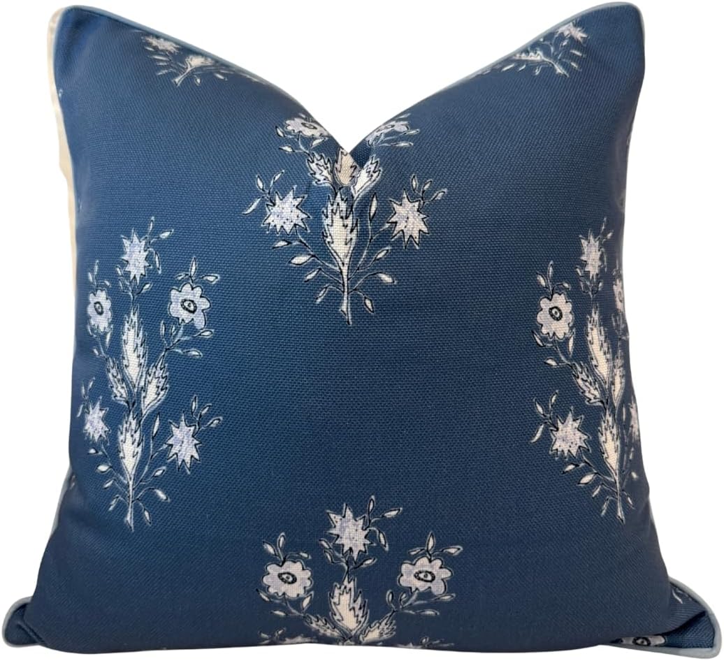 “The Norfolk” Dark Blue & White Floral Block Print Pillow Cover – Dark Blue Decorative Throw Pillow Cover – Grandmillennial Home Decor, 20" x 20"