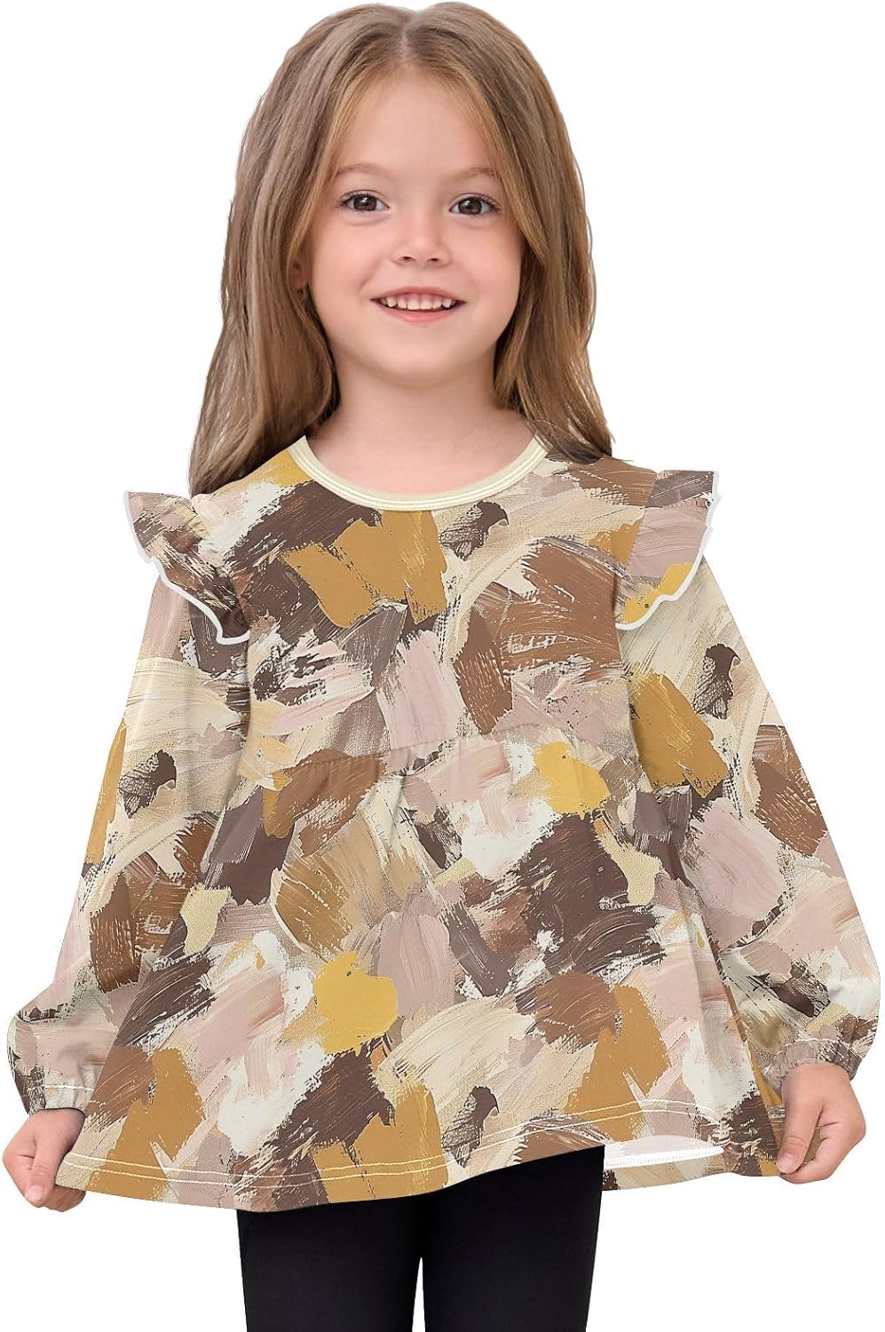 visesunny Toddler Clothes for Girls Paint Texture Pattern Long Sleeve Fall Shirts Cotton Top with Ruffle Collar