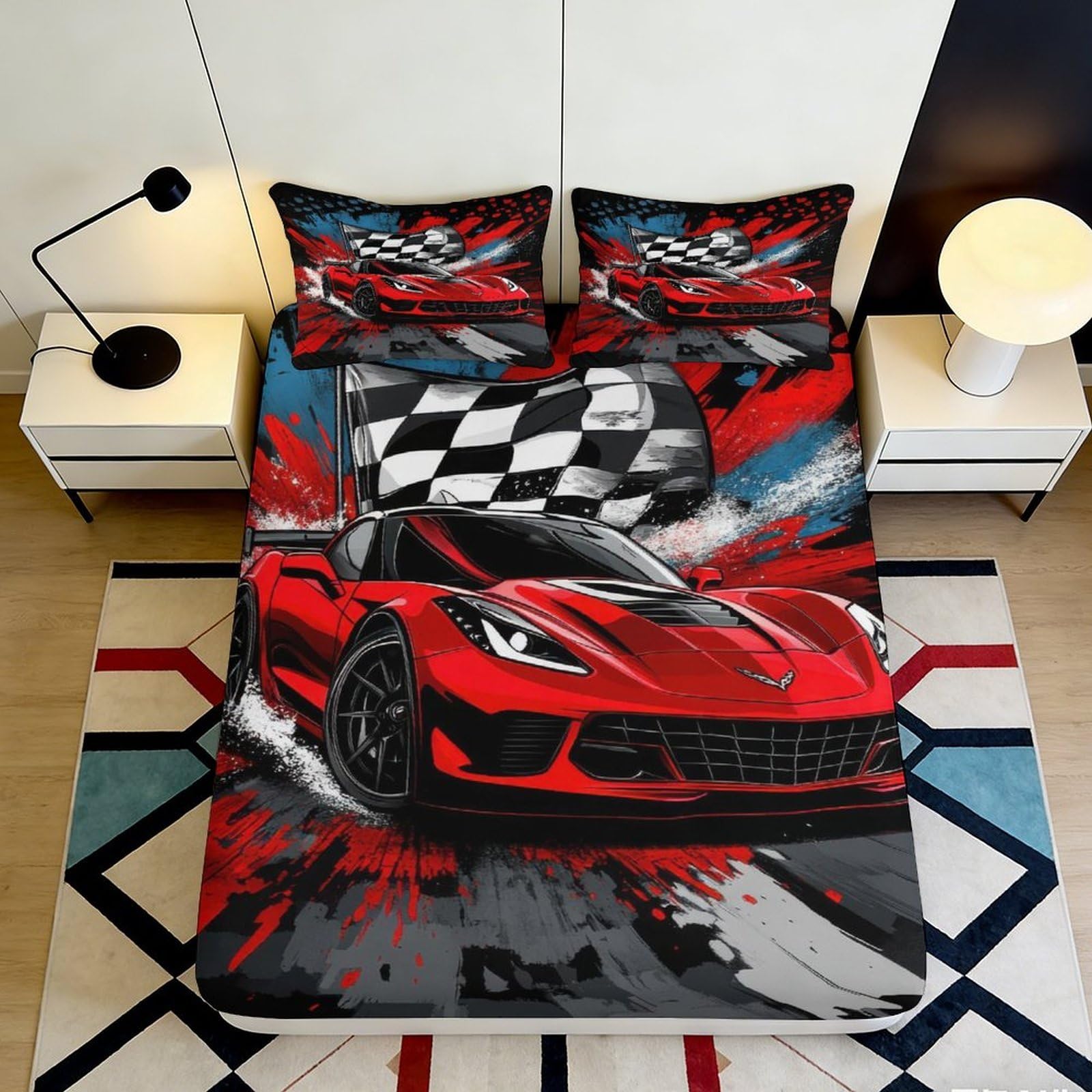 3D Printed Racing Car Fitted Sheet Microfiber Red Sports Auto Checkered Flag Bed Cover for Bedroom Dorm Apartment 90x200x25cm