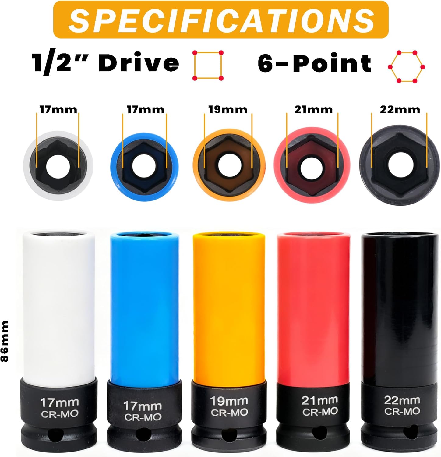 5pcs 1/2 inch Drive Lug Nut Socket Set, Metric 17mm 19mm 21mm 22mm, 17mm for Benz Convex Flower Head Bolt, Impact Non-Marring Thin Wall Wheel Nut Socket