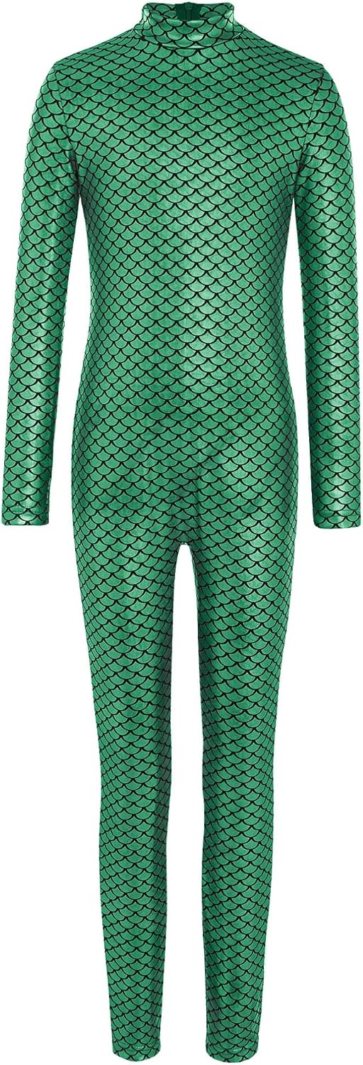 ranrann Kids Girls Metallic Fish Scale Unitard Long Sleeve Gymnastics Dance One Piece Full Body Skating Catsuit