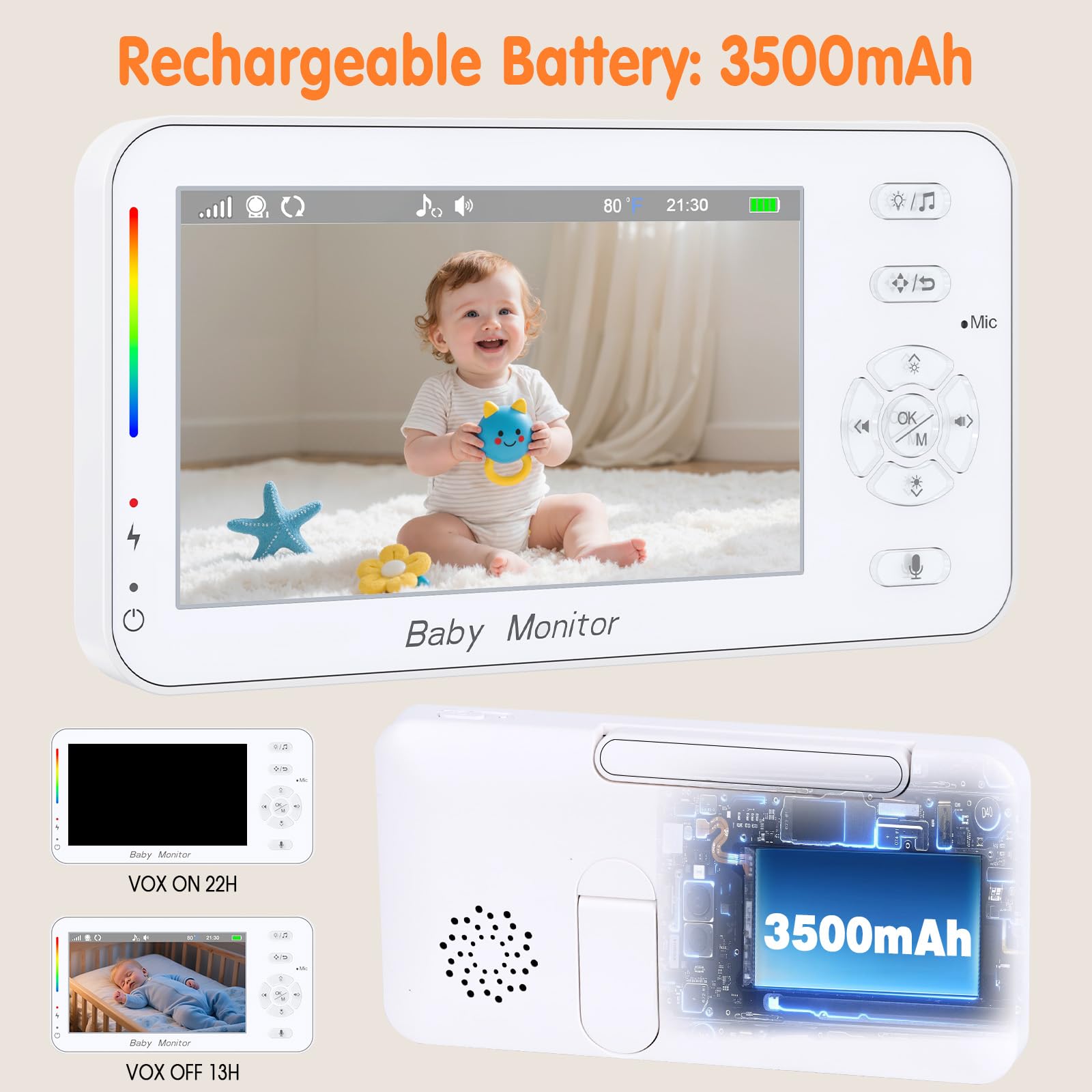 Babyphone con fotocamera e app, monitor da 4,3" con zoom, visione notturna, pianto/movimento/rilevazione del rumore/ninna