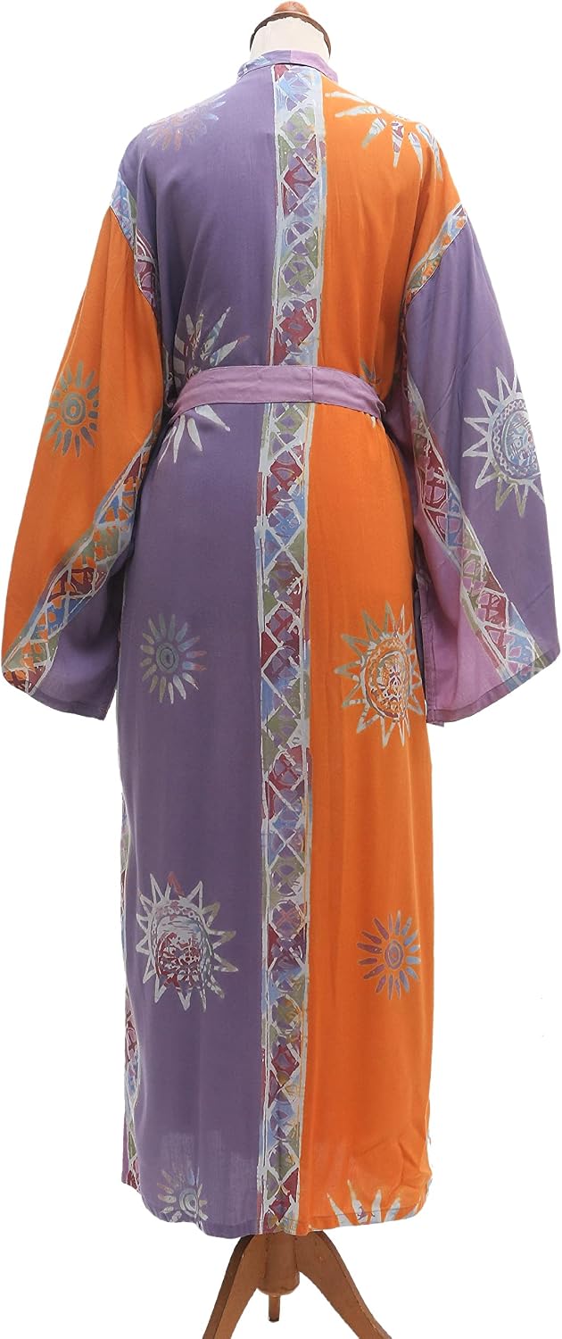 NOVICA Artisan Handmade Handstamped Batik Rayon Robe with Chakra Motif Clothing Purple Orange Tie Dye Indonesia Floral Dusky Sunrise