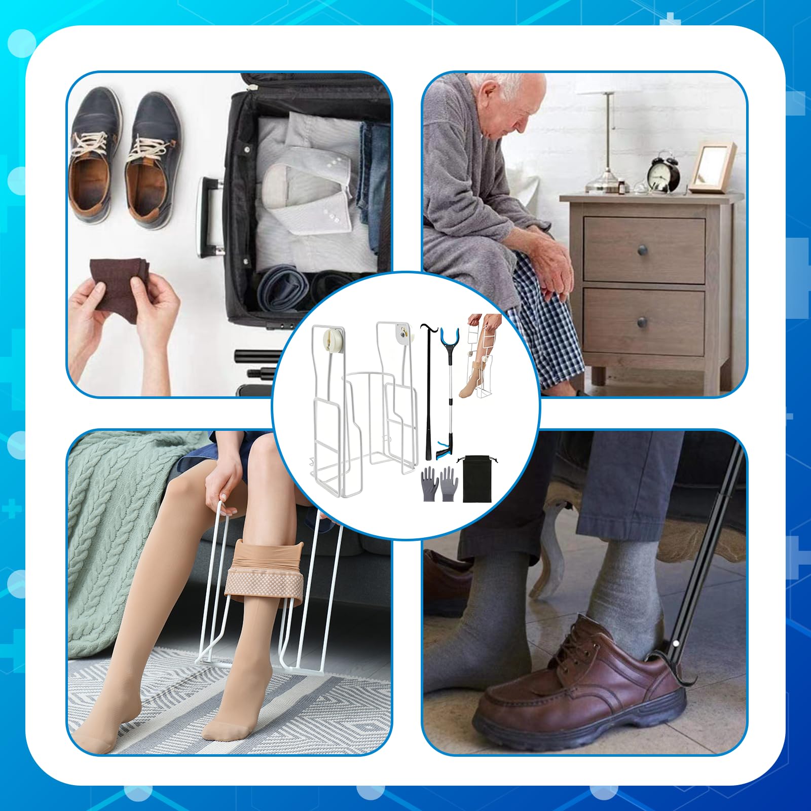Calzador de calcetines, con pinzas y guantes, ayuda para poner calcetines