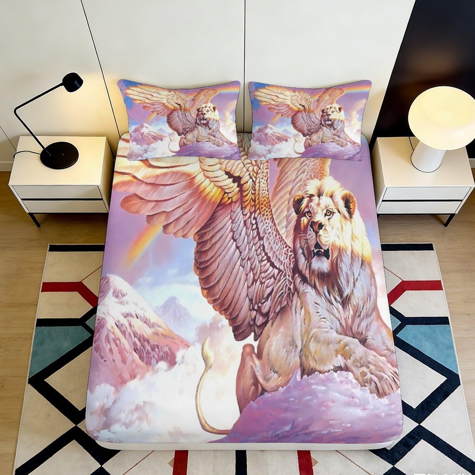 3D Printed Winged Lion Fitted Sheet Microfiber Soft Durable Angelic Beast Bed Sheet for Bedroom Dormitory Guest Room Mattress Cover 160x200x25cm