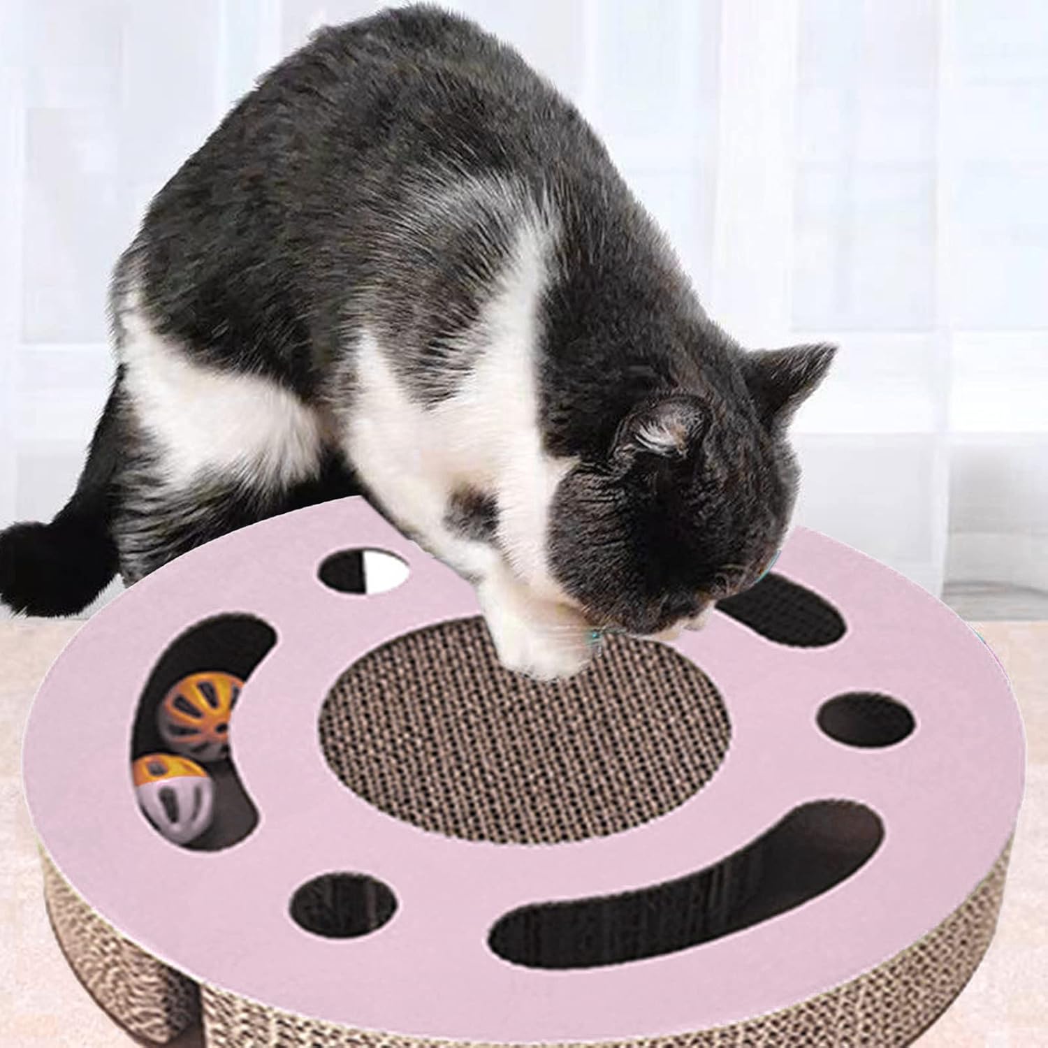 review Cat Scratcher Pad Toy, Durable Round Cardboard Cat Scratcher Pad with Bell Ball, 3 in 1 Interactive Thickened Round Corrugated Kitten Scratching Toy for Indoor Cat(Pink)