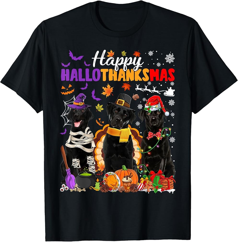 Witch Pilgrim Turkey Santa Black Labrador Dog HalloThanksMas T-Shirt
