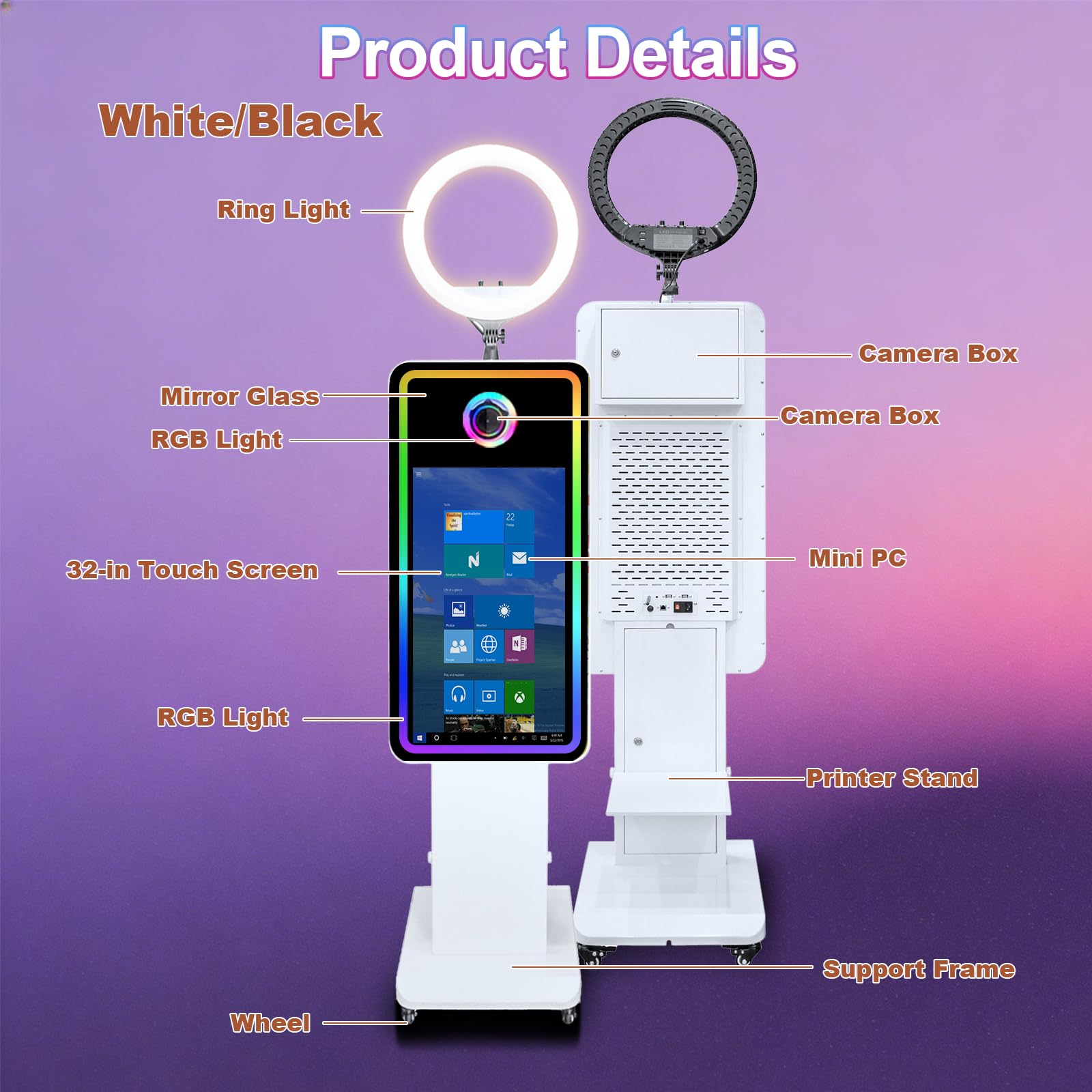 Magic Mirror Photo Booth z ekranem dotykowym 81.3 cm, fotobudka do selfie z futerałem lotniczym, fotobudka RGB na imprezę, wydarzenie, wynajem weselny (czarna, fotobudka)