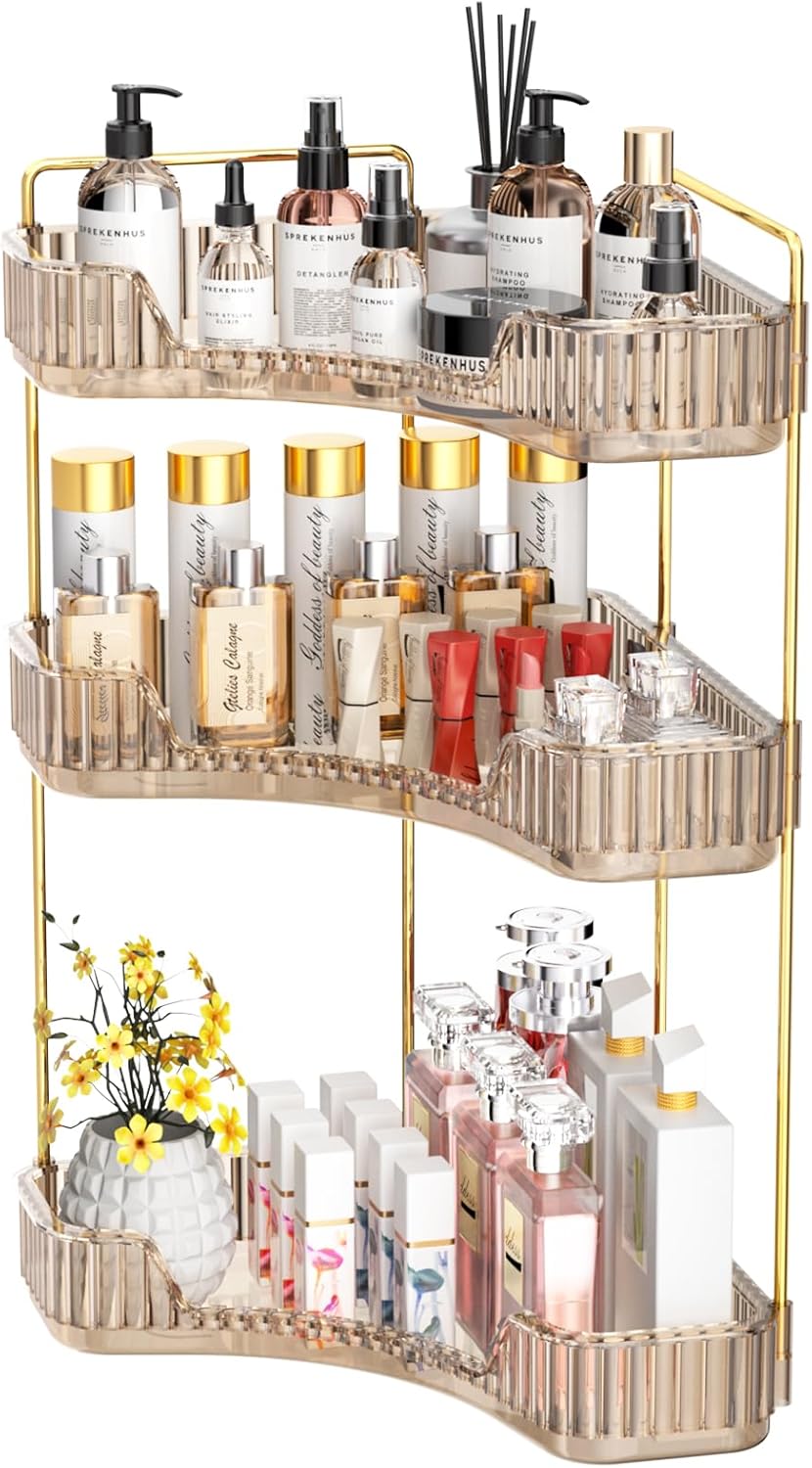 GTI 3-Tier Corner Bathroom Counter Organizer, Large Capacity Makeup Organizer Countertop, Perfume Cosmetics Skincare Vanity Organizers, Exquisite Countertop Storage for Women (Amber)