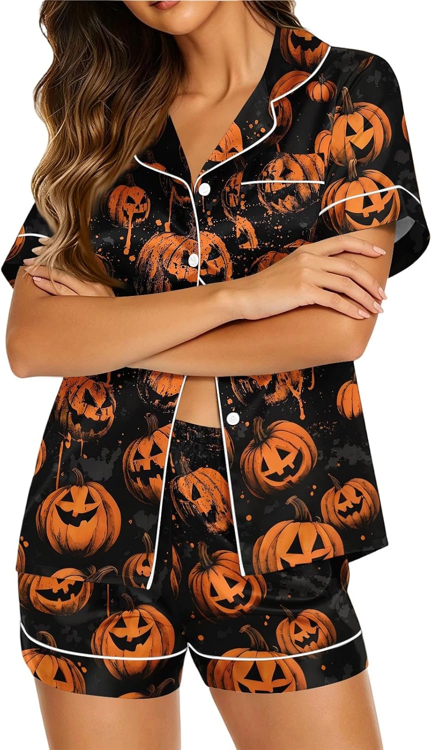 Women Halloween 2Pcs Pajama Set Button Top & Elastic Shorts Ghost Bat Spider Pumpkin Skeleton Print Fall Sleepwear