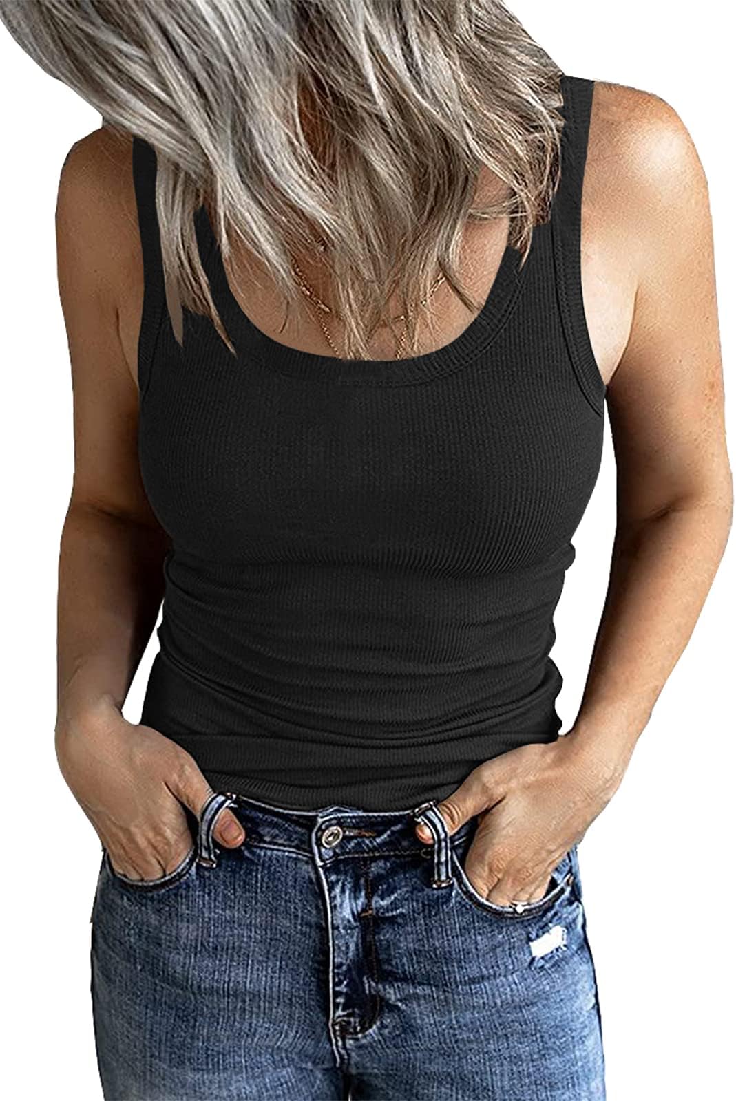 Women's Sleeveless Scoop Neck Ribbed Tank Tops Fitted Basic Cami Tee Shirts