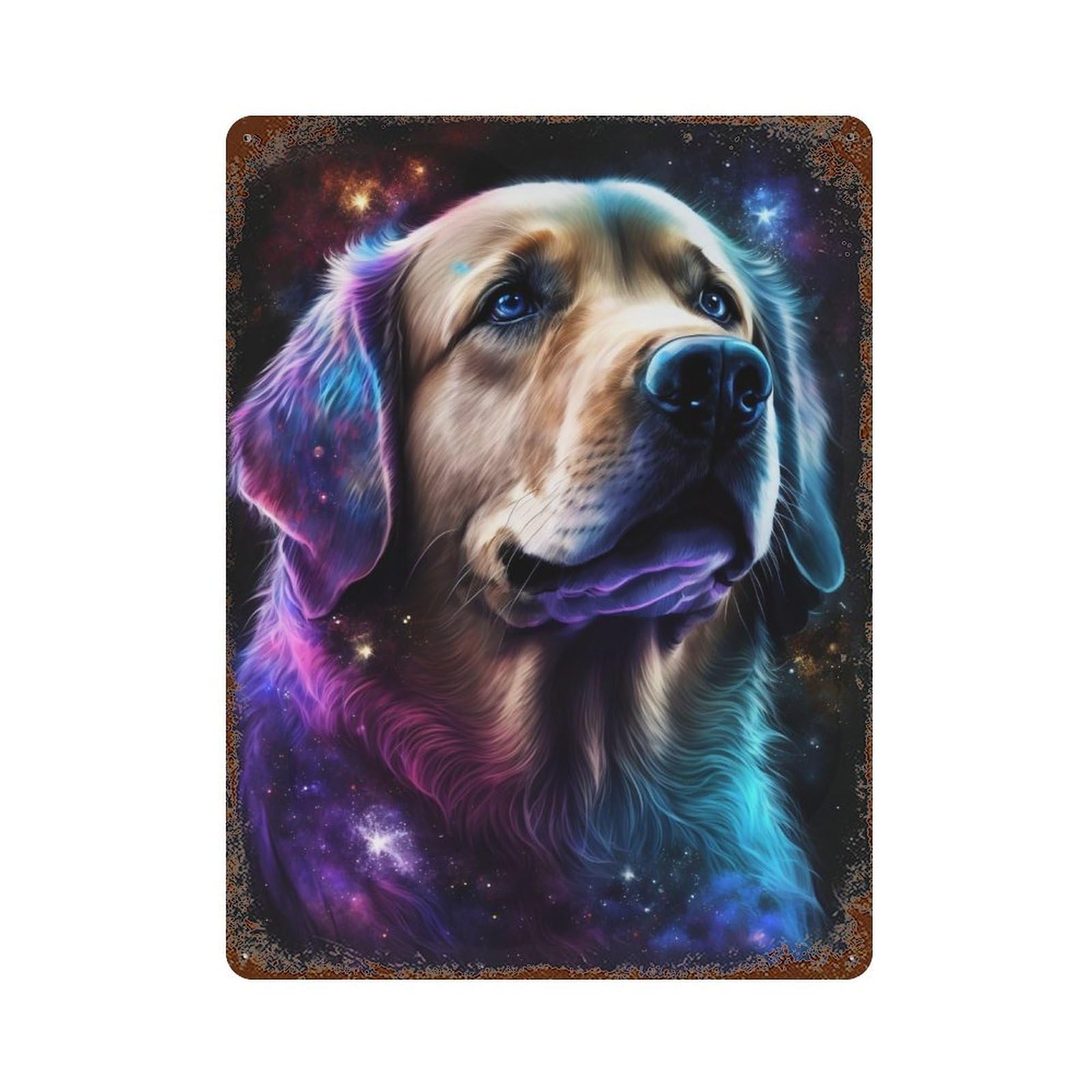 Garage Style Cosmic Golden Retriever Art Print Rusty Metal Tin Sign 15.7"x11.8", Shabby Chic Decor for Bar And Workshop