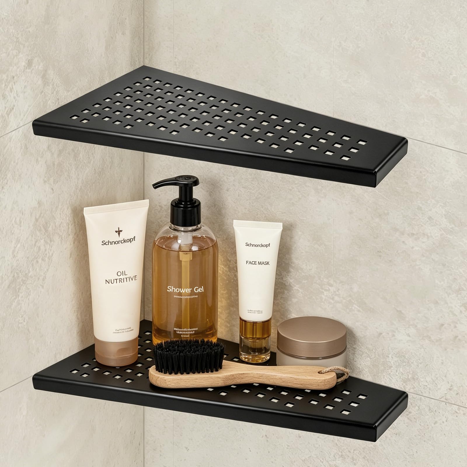 EXLECO 2pcs Étagère d'angle pour Douche en Acier Inoxydable 304, Etagere Murale Encastrable, Tablette Salle de Bain sans Percage pour Shampoing Gel, 7kg par Serviteurs, 305 x 155mm Noir, Mat