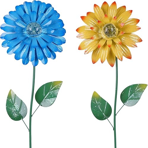 Miniatura 6 de Topadorn Juego de 2 estacas de jardín florales de 25 pulgadas, que brillan en la oscuridad, palillo de flores de metal a prueba de agua para césped,