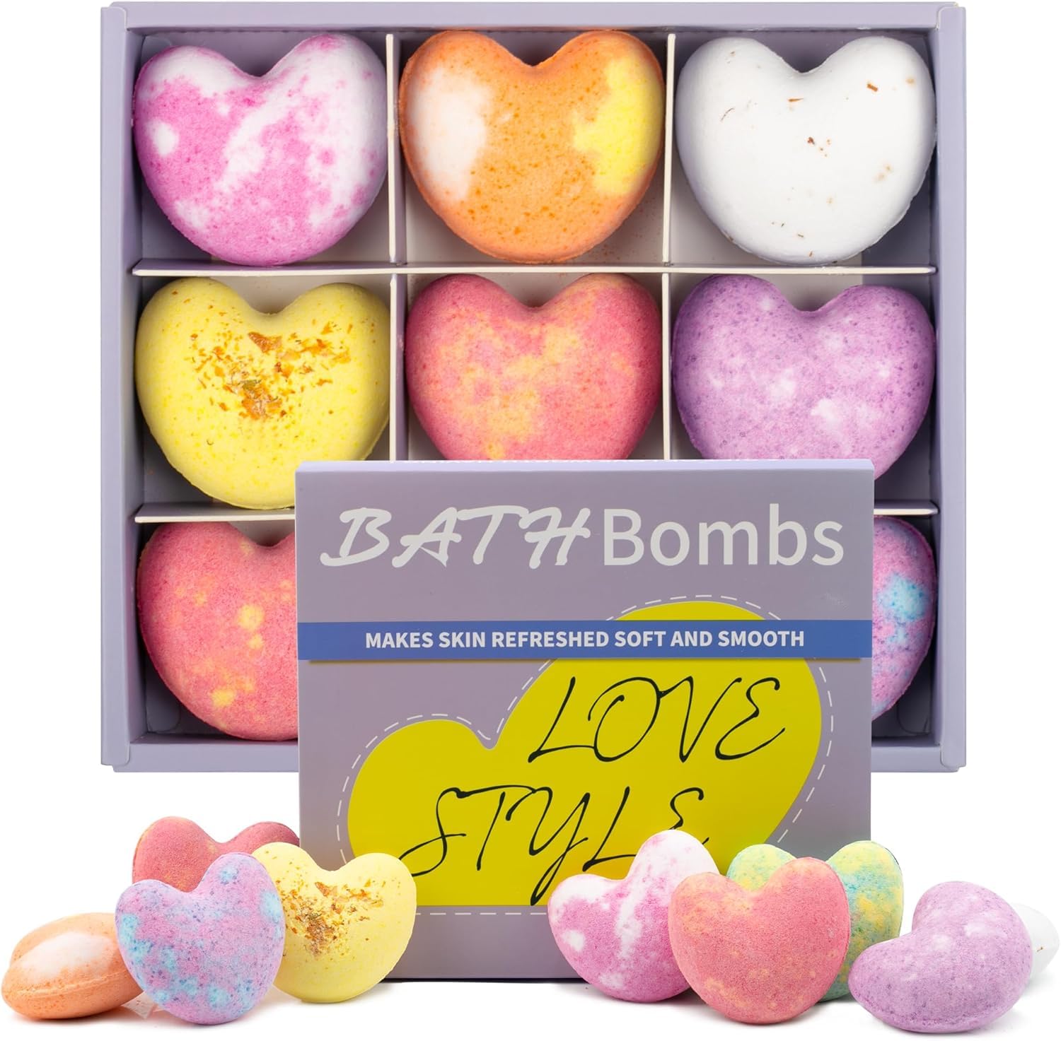 Pecbase 9Pcs/Set Bath Bomb Set Heart Shaped Bath Bombs with Essential Oil Bath Bomb Kit Natural Bath Bombs Exquisite Bubble Bath for Skin Moisturize - Violet
