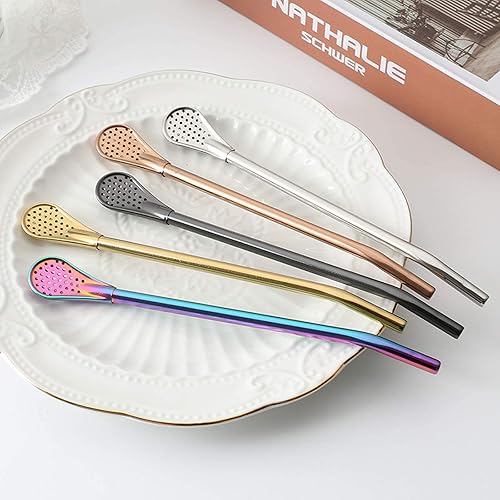 Miniatura 8 de Cuchara de paja reutilizable para yerba mate de acero inoxidable con filtro para té suelto, agitadores de café, popotes para batidos, 9 unidades, 6