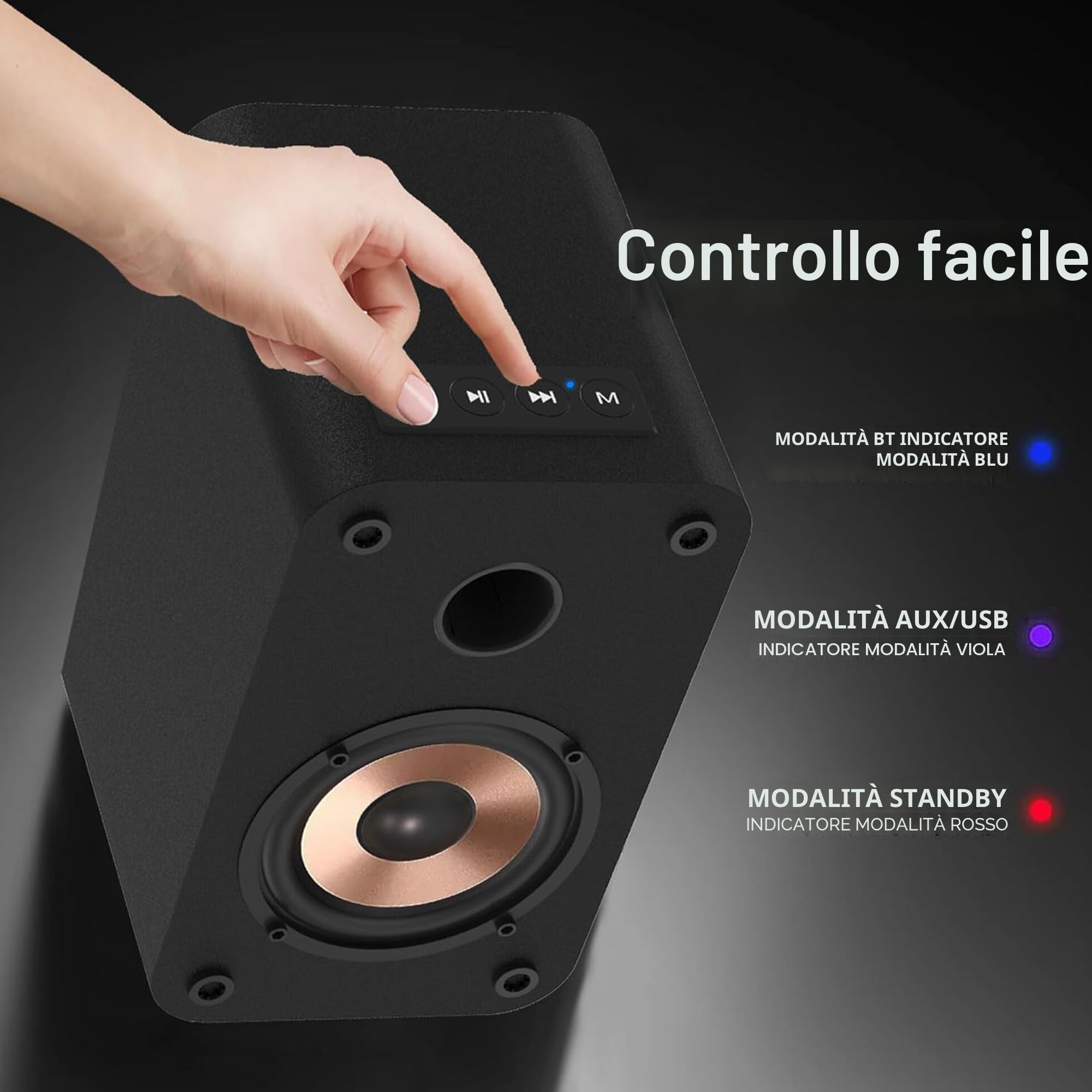 LONPOO LP-42s Diffusori attivi da scaffale, Mini altoparlanti per PC da 30W RMS con connettività Bluetooth, USB, AUX-in, uscita per auricolari, uscite da 3 pollici Woofer