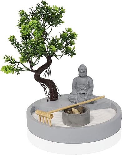 Portavelas Zen Garden de forma redonda, con una mini estatua de Buda y un árbol bonsái, un arte japonés perfecto para relajación y meditación,