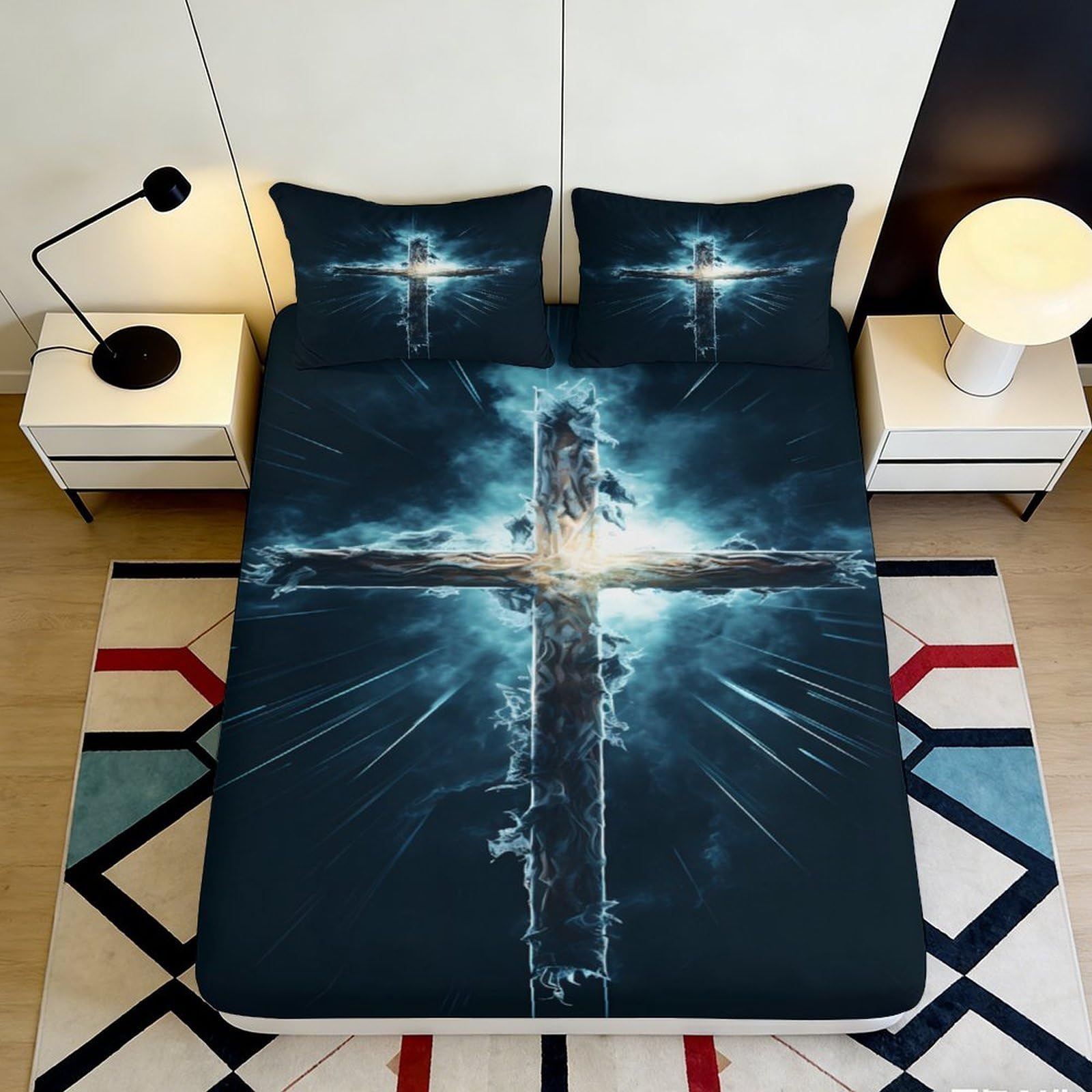 Dhbaneiok Style-9 3D Printed Electric Blue Cross Fitted Sheet Microfiber Soft Bedroom Decor Lightning Strike Mattress Cover 90X200x25cm
