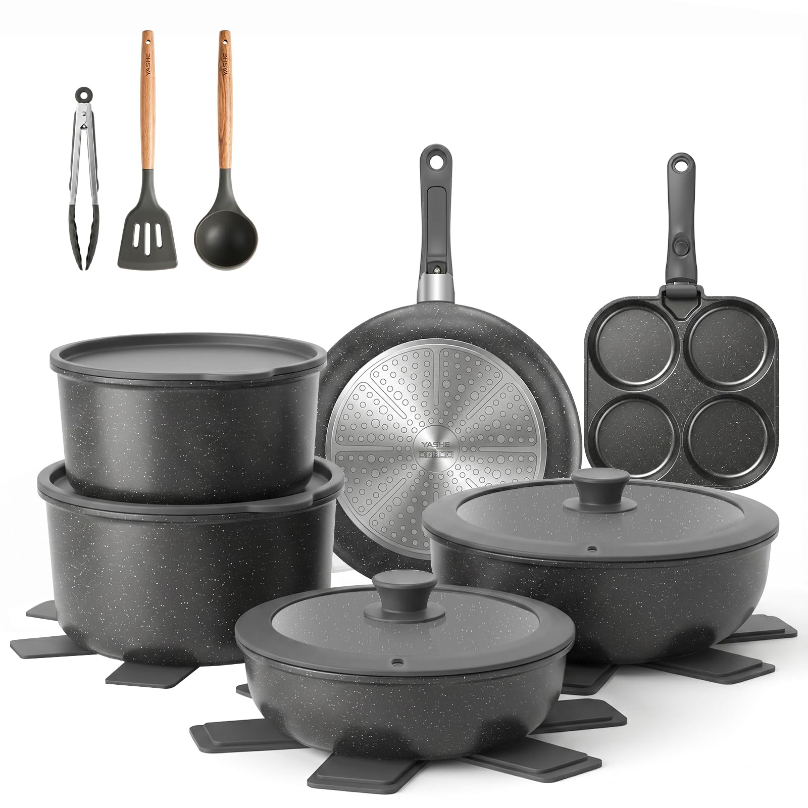 YASHE 20Pcs Nonstick Cookware Set with Detachable Handles, Oven Safe