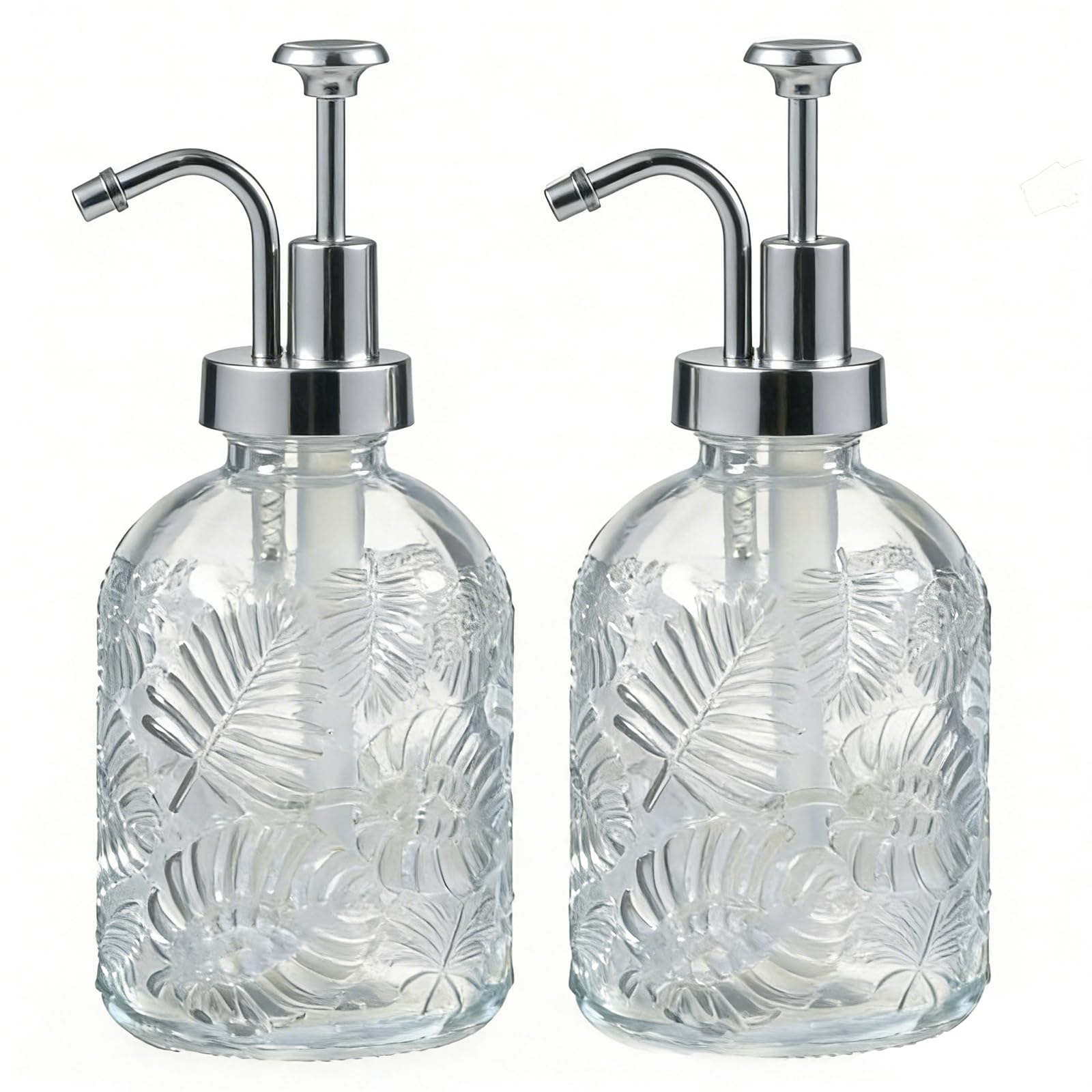 Komashr 11.5 Oz Embossed Leaf Glass Soap Dispenser – Modern Farmhouse Decor for Bathroom Vanity & Kitchen Sink, Refillable Hand & Dish Soap Dispenser with Vintage Curved Electroplated Pump (2Pack)