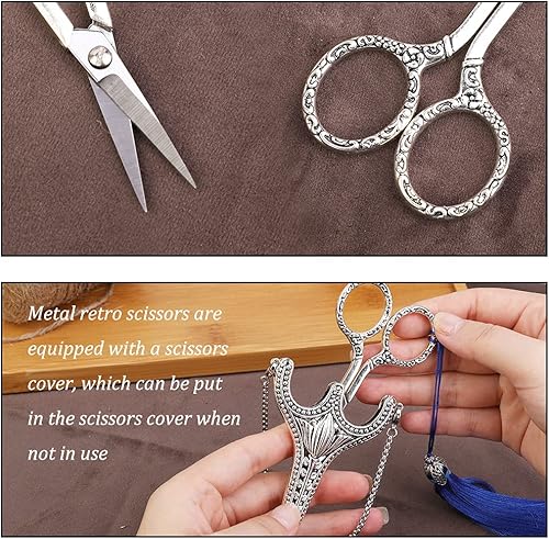Miniatura 3 de SHWAKK Tijeras de bordado, exquisitas tijeras de acero inoxidable con punta afilada retro con cadena de vaina, tijeras de costura para costura,