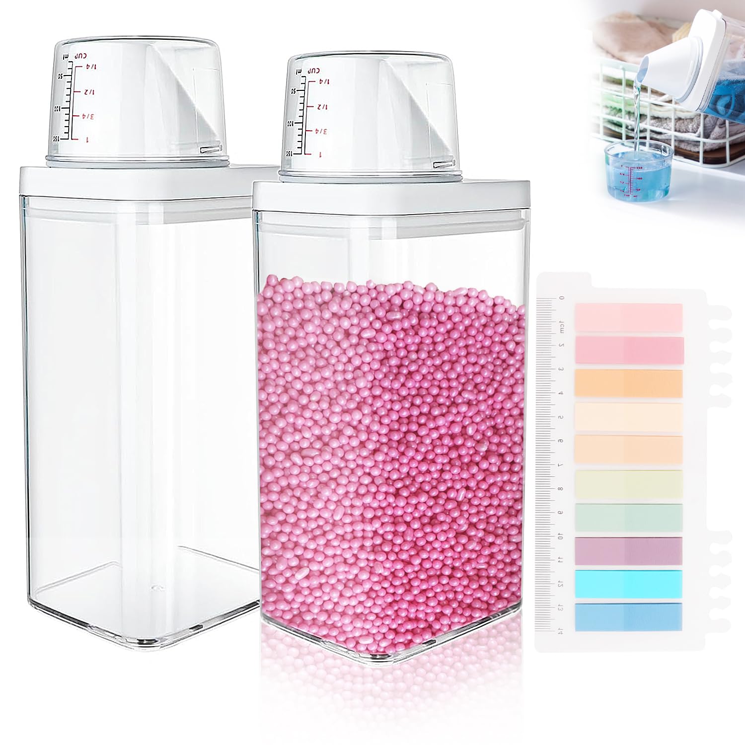 2 contenitori per detersivi da 1500 ml, con misurino, detersivo in polvere, dispenser ermetico, contenitore per detersivi