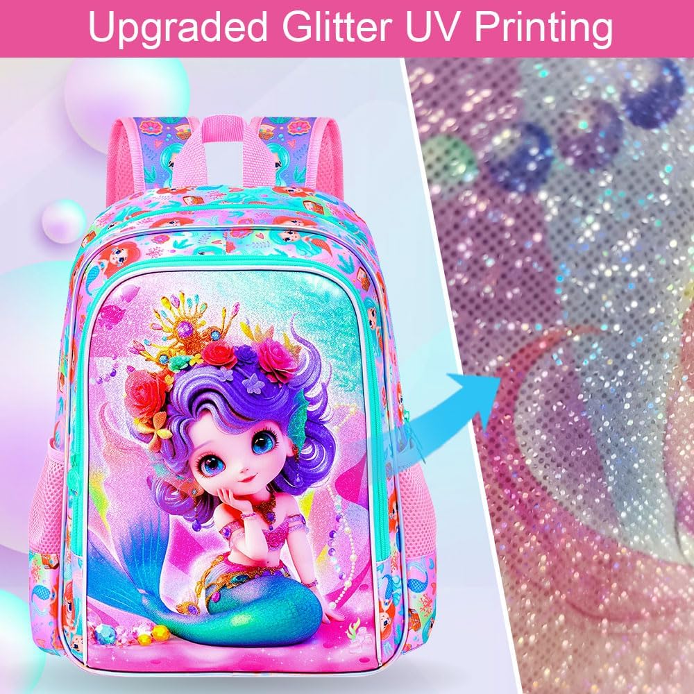 Mermaid Backpack, 16" Girls Kids Bookbag with Lunch Box,3Pcs School Backpacks for Elementary Preschool Kindergarten (Pink) - Image 3