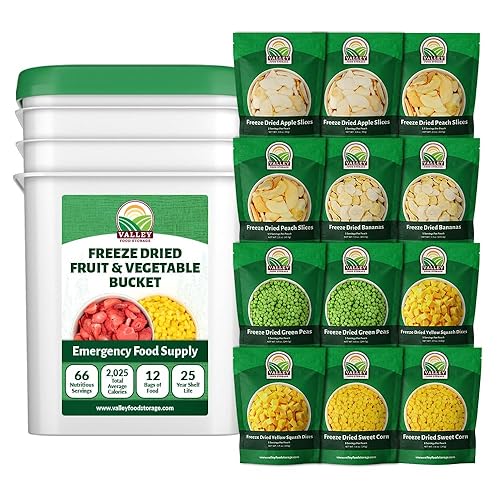 Cubo de frutas y verduras liofilizadas  12 bolsas de suministro de alimentos de emergencia premium  Alimentos de supervivencia sin OMG 25 años de