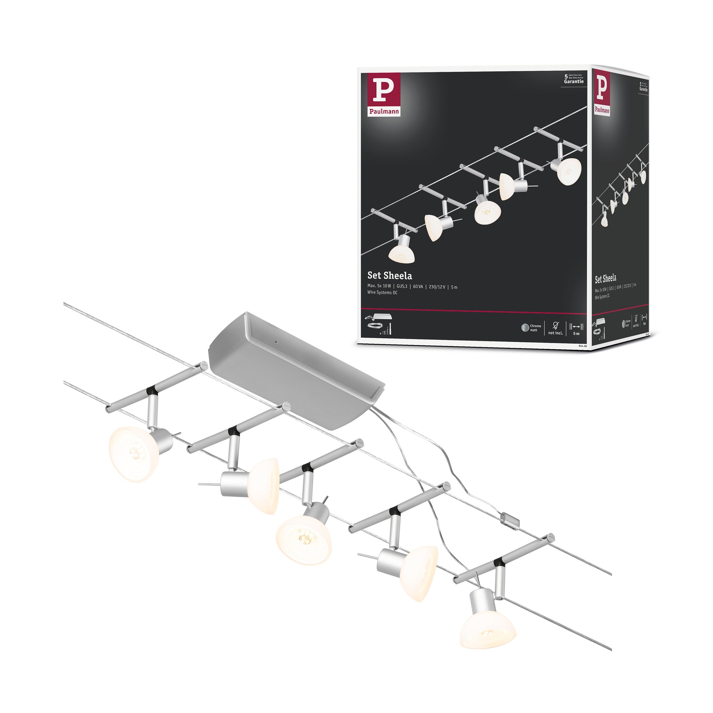 Paulmann Set Sheela Sistema de Cableado, Corduo, Corriente Continua, Máx. 5x10 W, Bombilla Tipo GU5,3, Sistema de Cableado, Bombilla No Incluida, Cable de Plástico, Color Cromado Mate, 94448