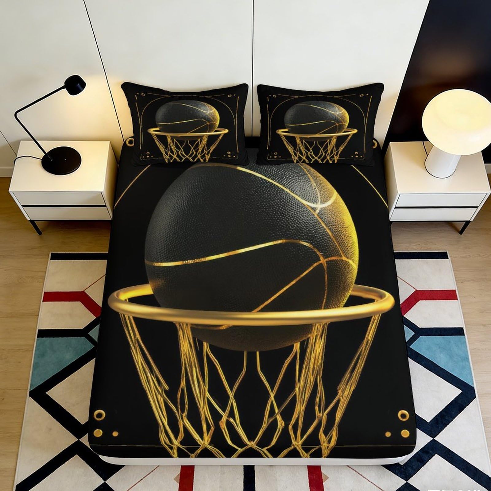 3D Printed Basketball Fitted Sheet Microfiber Deep Pocket Bedroom Bedding Wrap Basketball Mattress Fitted Cover Washable 200x200x25cm 90x200x25cm