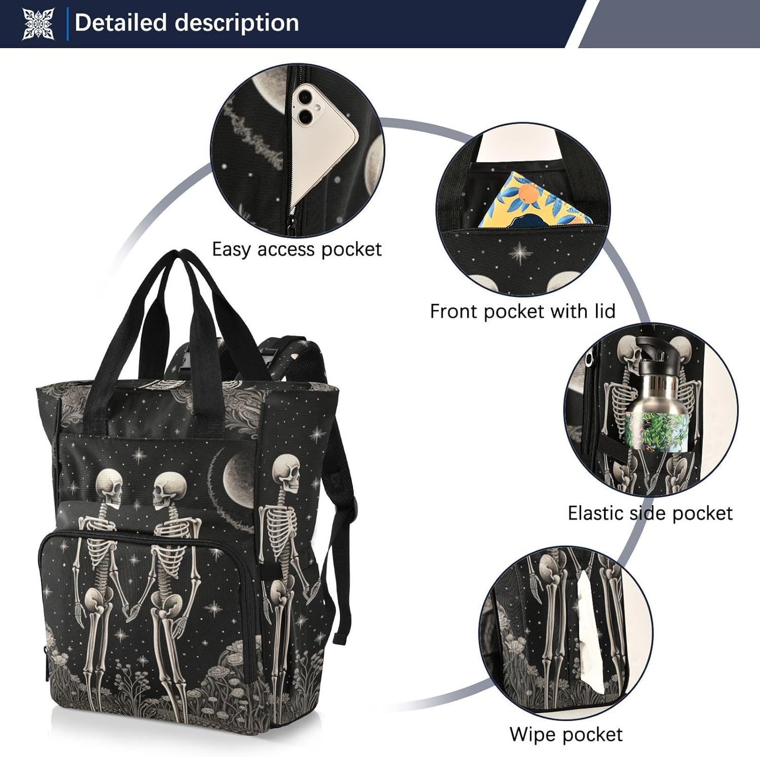 Diaper Backpack Gothic Skeletons Print with Insulated Feeding Bottle Insert, Large Baby Changing Bag with Stroller Straps 11.02×5.91×15.3 inches