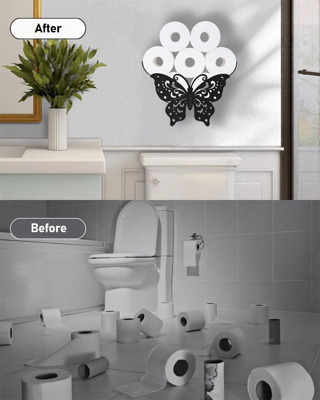Toilettenpapierhalter Wandmontage Schmetterling – Schwarz, Eisen, Für 8 Rollen – Süße Badezimmer-Deko Mit Stauraum